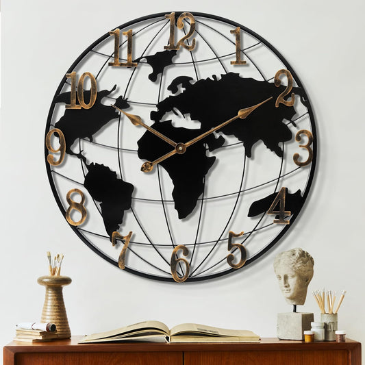 Large Wall Clock - 24 Inch World Map Minimalist Modern Round Metal Wall Clock Silent Non-Ticking Battery Operated Wall Clocks for Living Room Kitchen Office Farmhouse Home Decor