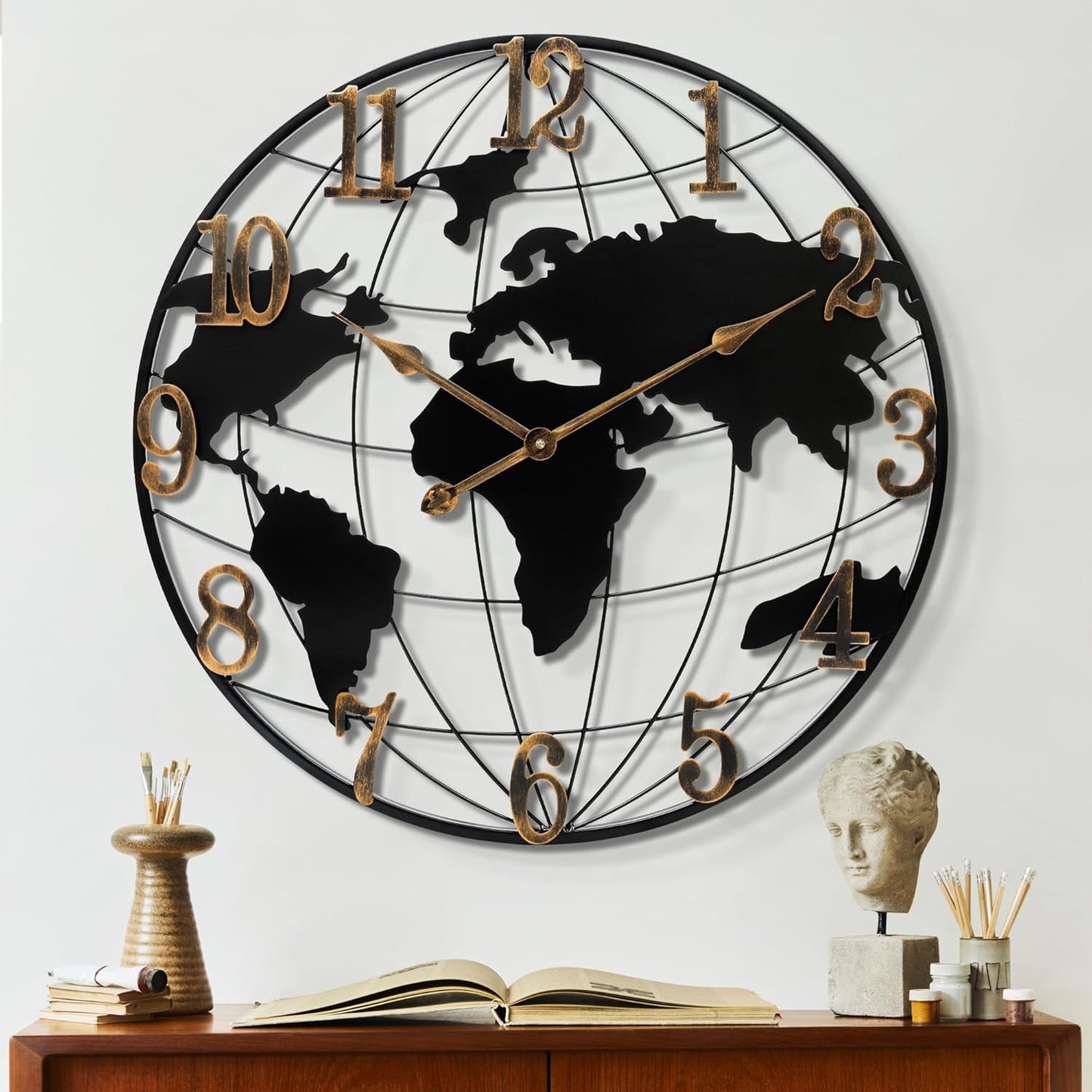 Oversizd Large Wall Clock - 32 Inch World Map Minimalist Modern Metal Silent Non-Ticking Battery Operated Wall Clocks for Living Room Office Farmhouse Home Decor