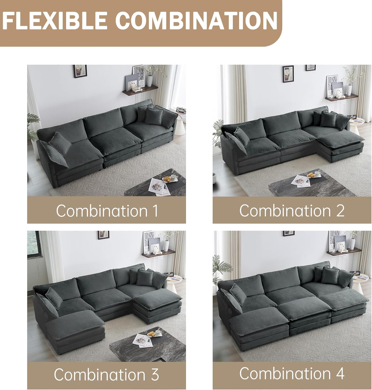 Sectional Sofa 3 Seater with Movable 1 Ottoman,Oversized Modular Couch Deep Seat (Grey, 111.5 inch-L)