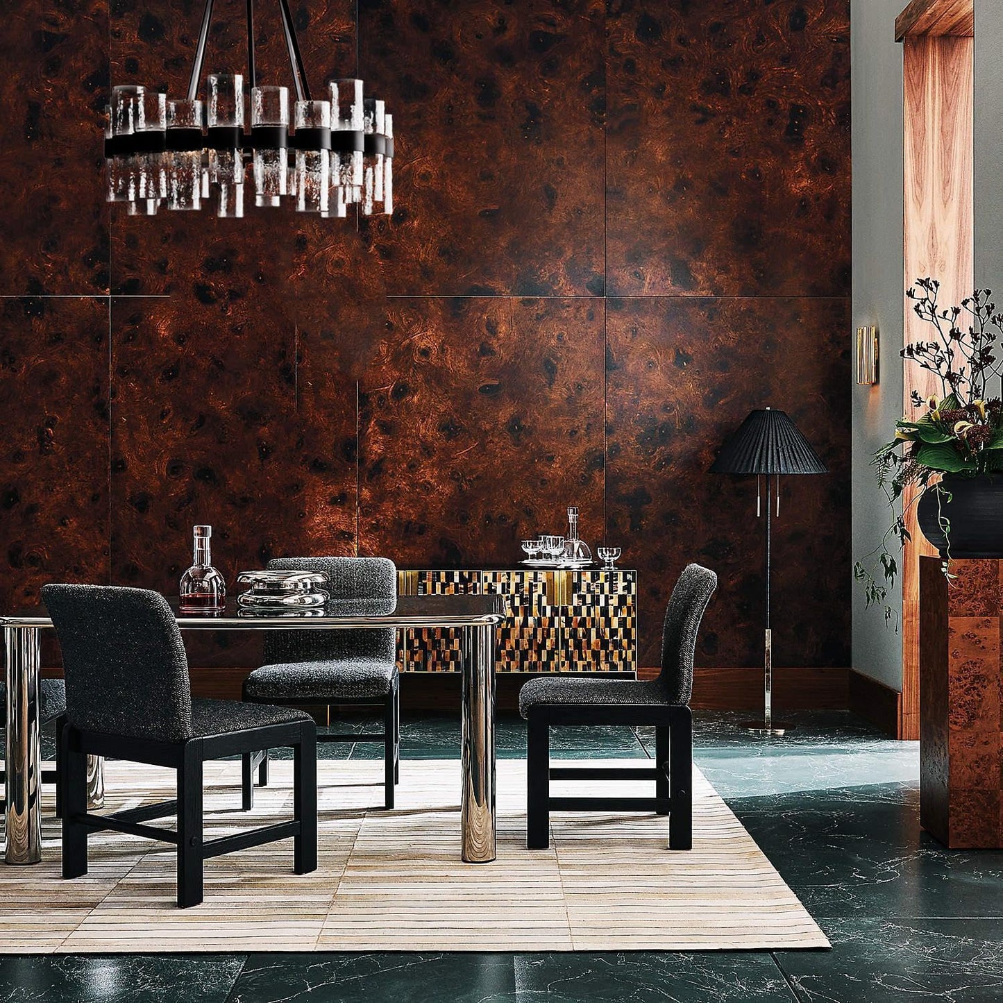 Round Black Glass Wagon Wheel Chandelier, Chandelier with Water Ripple Textured Recycled Clear Glass Piece, Modern Industrial Pendant Light with Metal Frame, Lighting Fixture for Living Room, Foyer