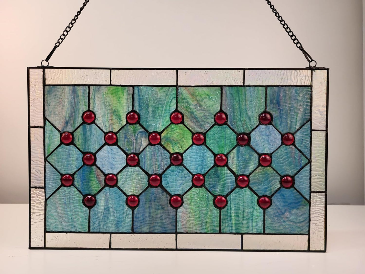 Tiffany-Style Stained Glass Window Panel, 100% Genuine Stained Glass and Cabochon, Handcrafted 73 Pieces, Blue/Green, Size: 19.25" x 11.75", Hanging Chain Included