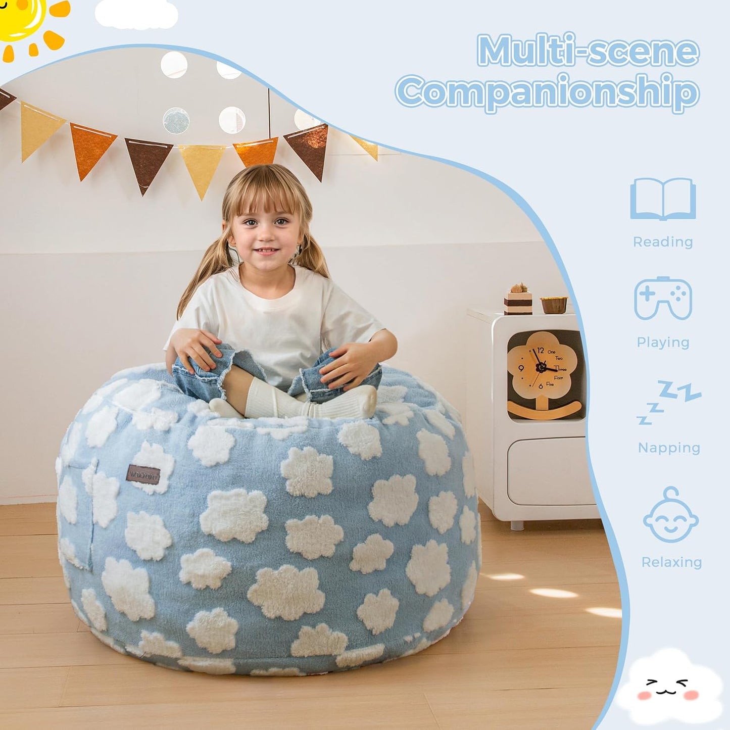 MAXYOYO Bean Bag Chair Bed for Kids, Convertible Bean Bag from Lazy Chair to Floor Bed, Fresh Cloud Design Cover, Stuffed Floor Sofa Couch for Boys and Girls, High-Density Foam Filling, Blue