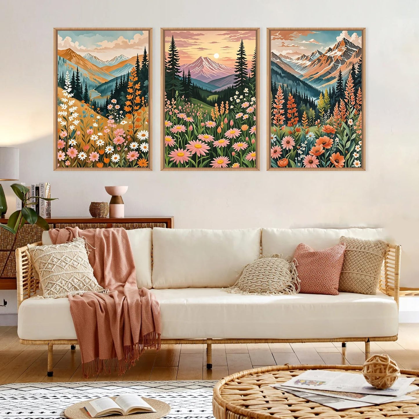 HPINUB Mountain Sunset Floral Framed Canvas Wall Art Set,Colorful Wildflower Daisy Flower Wall Decor,Boho Blossom Botanical Artwork Modern Nature Landscape Art Print for Living Room,Bedroom-16 x24 x3