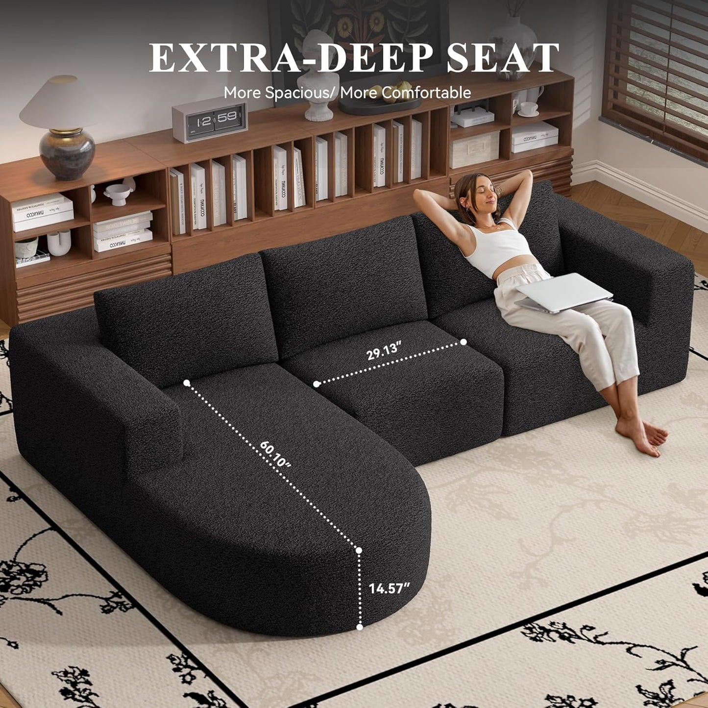 Modular Sectional Sofa with L-Shape Chaise,Cloud Sectional Modern Sleeper Couch with Deep Seat,Sponge Compression Sofas No Assembly Required (Black-Sherpa Fabric) 1PCS