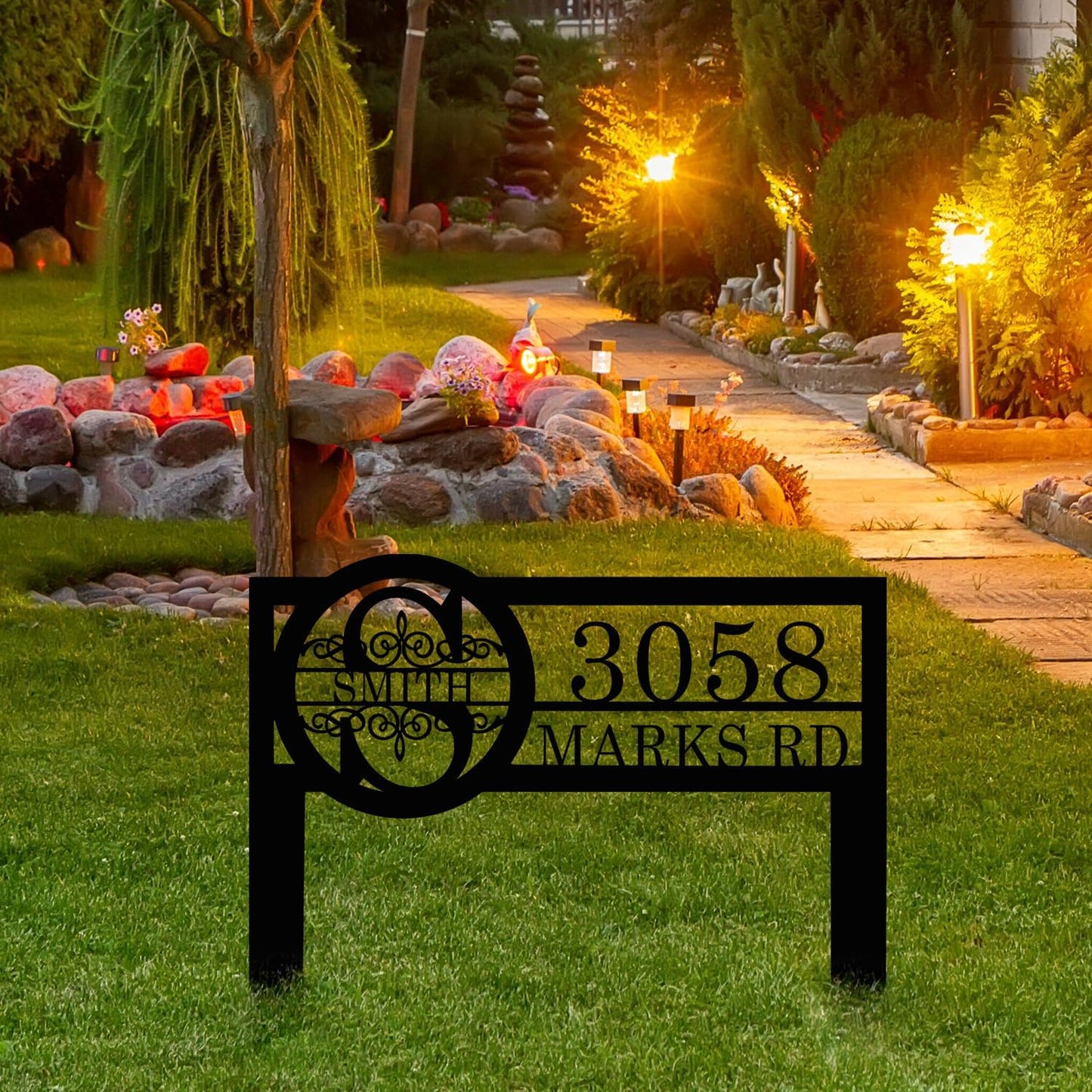 Personalized Metal Yard Address Sign with Last Name and Monogram, House Number Sign for Lawn and Patio