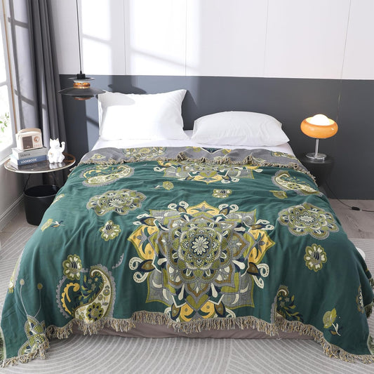 Snycler Boho Throw Blanket for Bed - 100% Cotton Ultra Soft Rustic Quilt - Green Boho Floral Printed Farmhouse Decor Bed Blankets, 60"×80" All Season Rustic Throw for Sofa Couch Chair