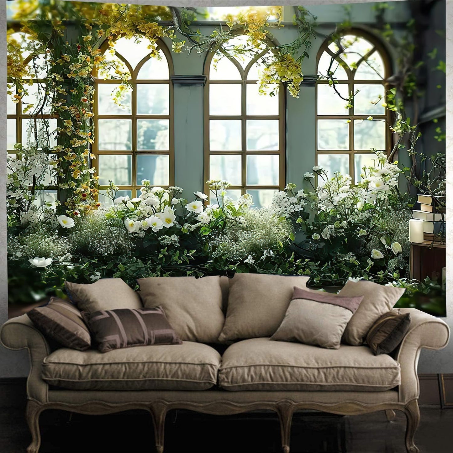 FENDROM Window View White Flower Tapestry Nature Landscape Classic Flower Vine Wall Hanging Party Decorations For Bedroom Living Room Dorm