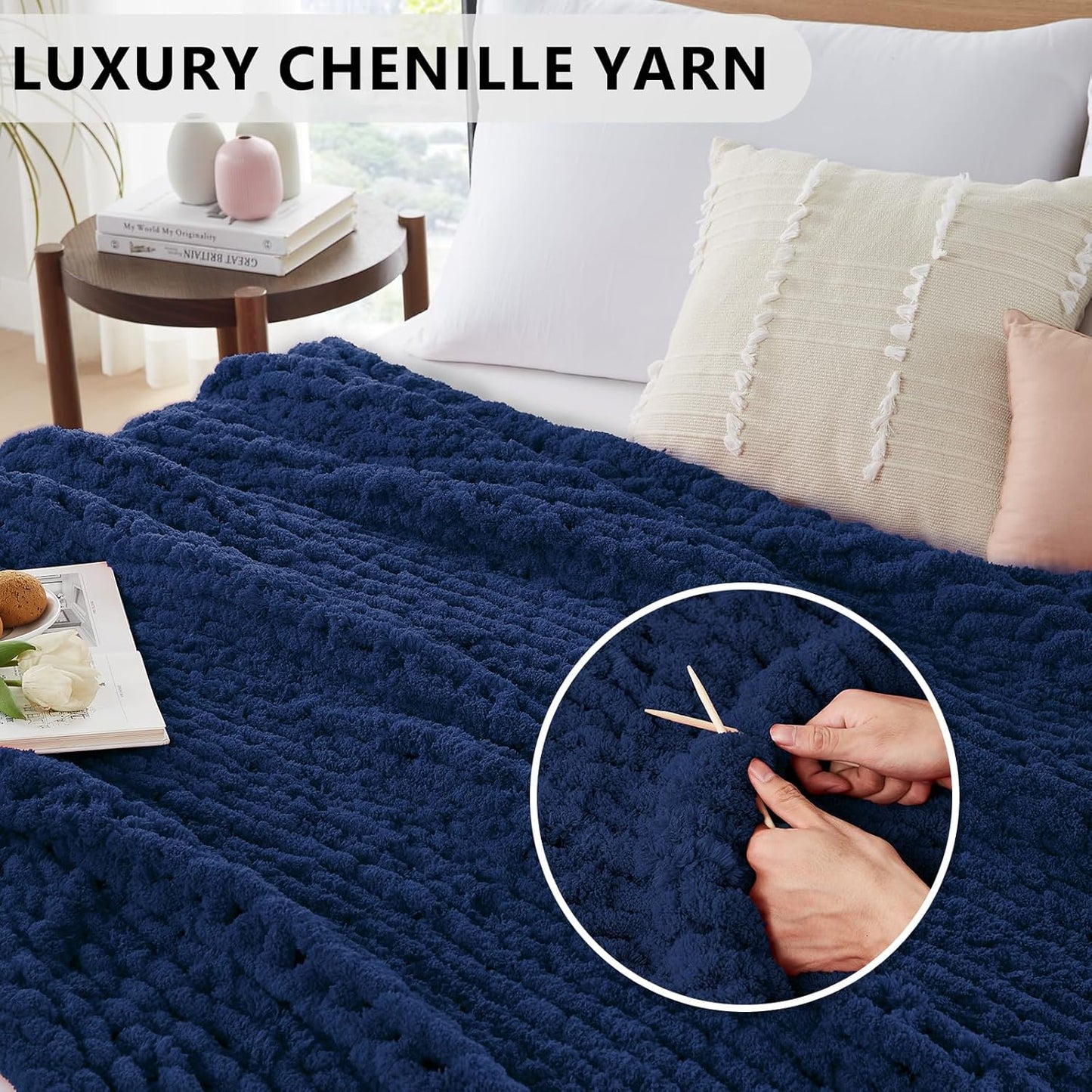 L'AGRATY Chunky Knit Blanket Throw - Soft Throw Blanket 60x80: 100% Hand Kintted Chenile Crochet Throw Blanket for Couch - Large Cable Knit Blanket for Home Decor(Dark Blue)