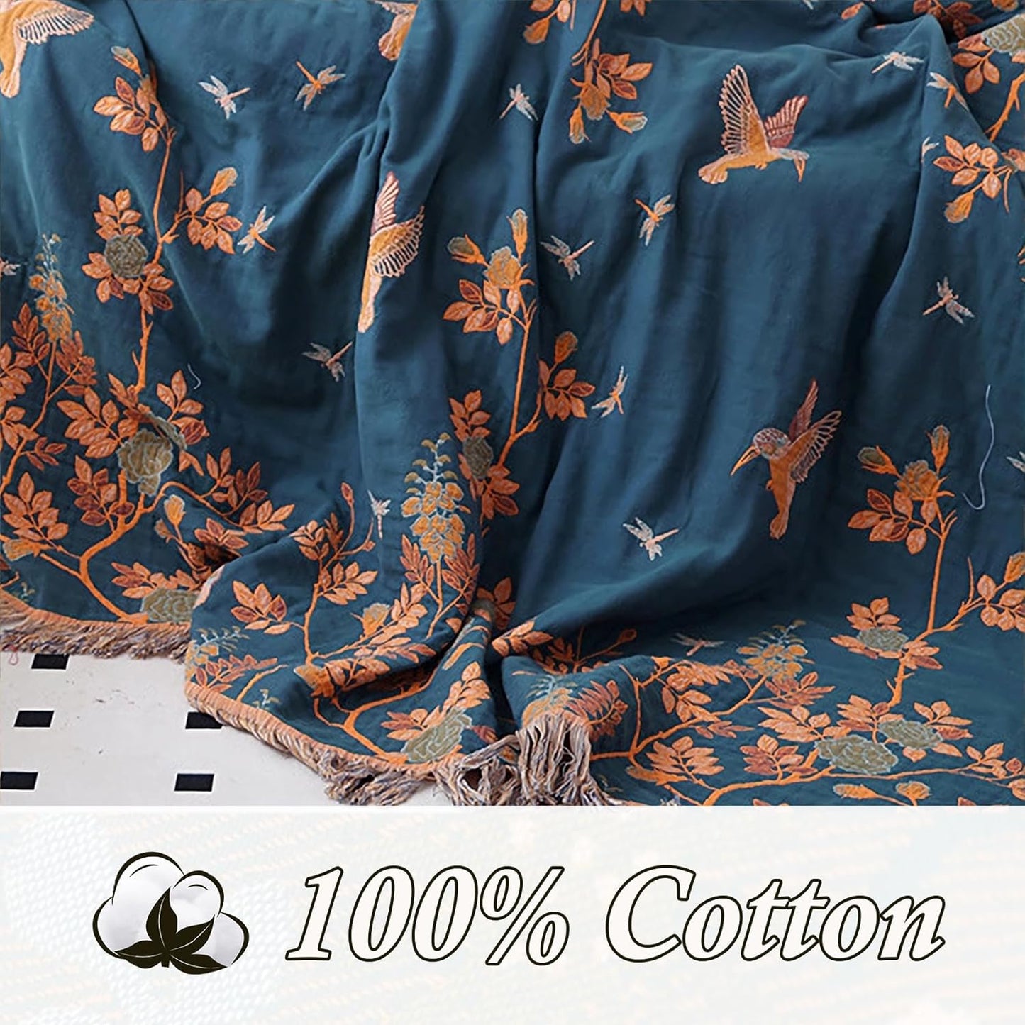 Snycler Boho Throw Blanket for Bed, 100% Organic Cotton Muslin Soft Throw-Floral Bird Farmhouse Rustic Spring Summer Fall Decor Blanket for Couch Sofa Quilt and Gift, 60" x 80" Orange
