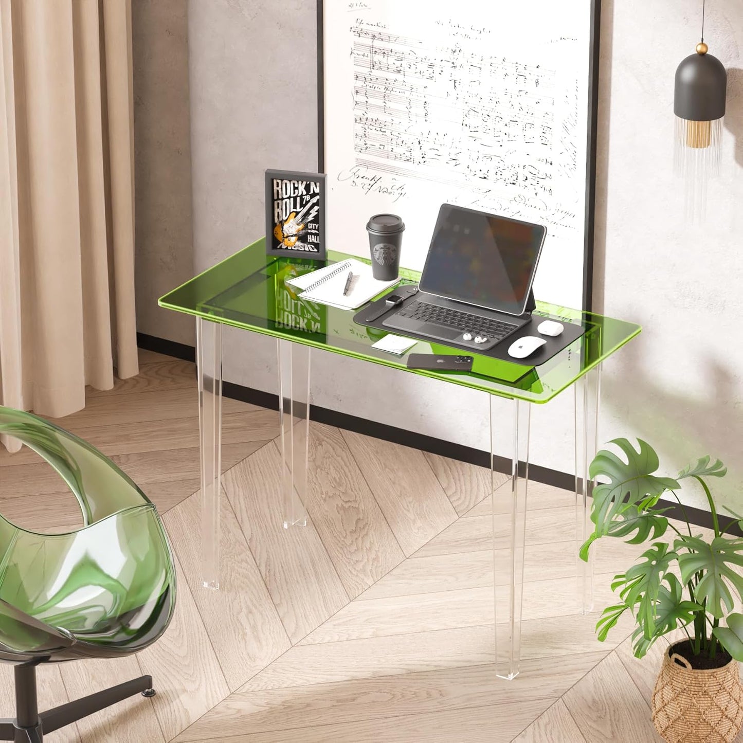 Acrylic Desk, Modern Study Table for HomeOffice-Extended Surface Multi-Purpose Console & EntrywayTable, Sturdy Lightweight Design (42.5-inch, Green)