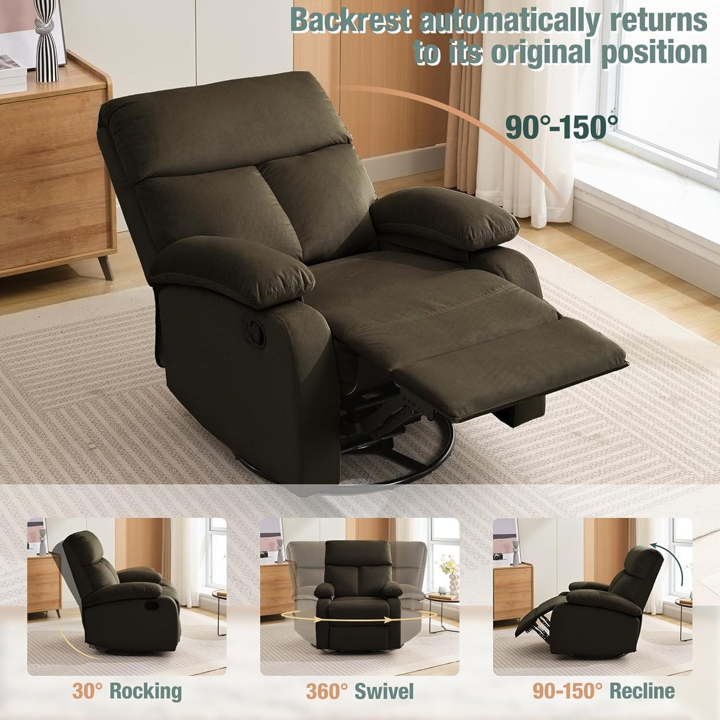 Swivel Rocker Recliner for Adults, Small Recliner Chair for Small Spaces, Rocking Recliner Chair for Nursery. Living Room, RV, Bedroom, Dark Brown