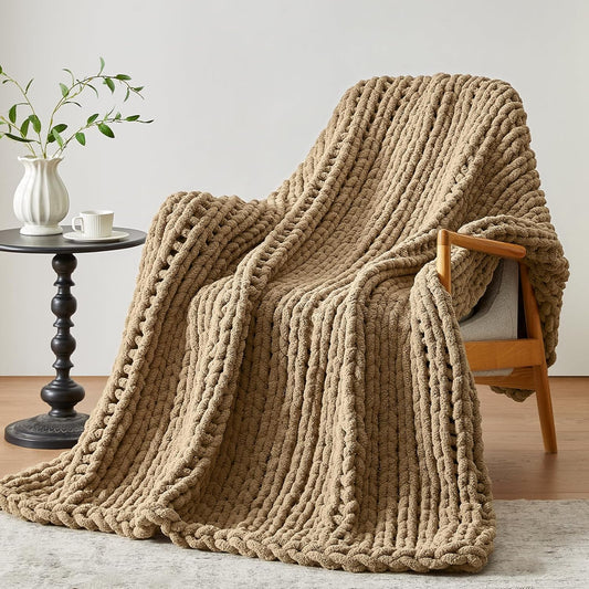 Chunky Knit Throw Blanket, 60''*80'' Knitted Throw Chenille Yarn for Bed Couch, Handmade Light Brown Crochet Big Thick Blanket, Machine Washable Cute Comfy Blanket for Home Decor