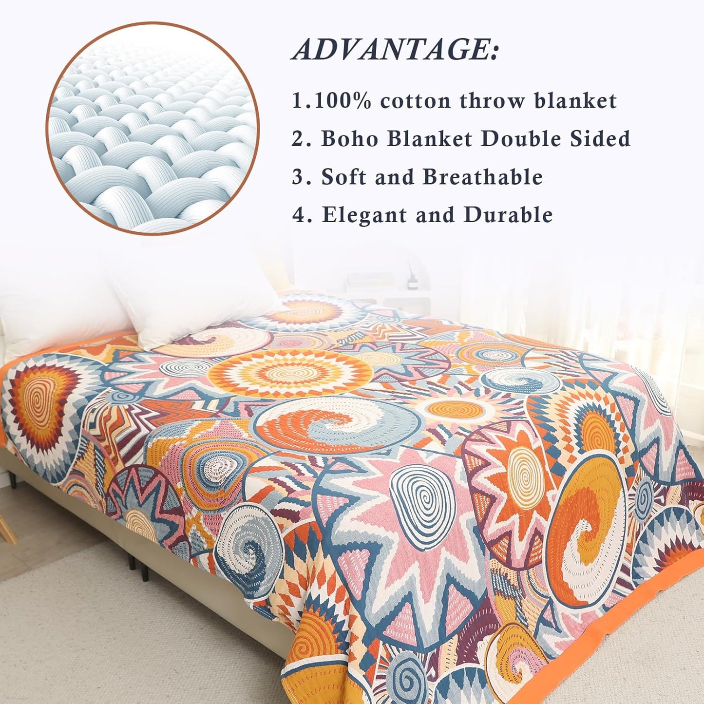 Snycler Boho Throw Blanket for Bed - 100% Cotton Ultra Soft Rustic Quilt Fall Blanket - Orange Floral Printed Farmhouse Decor Bed Blankets, 60"×80" All Season Rustic Throw for Sofa Couch Chair