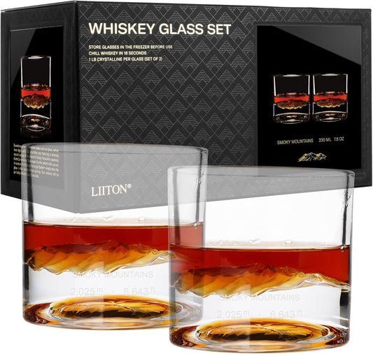 Smoky Mountain Heavy Crystal Whiskey Glasses Gift Set of 2, Thick Freezable Bourbon Glass 1lb Each, Premium Whiskey Gifts for Men, Frozen Crystal Chills Cocktails, 10 oz