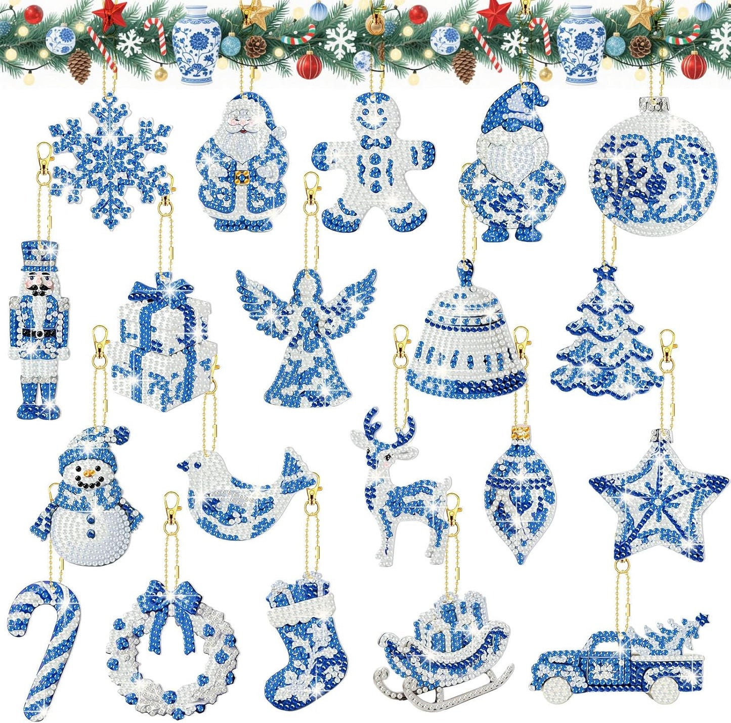 Tondiamo 20 Pcs Christmas Diamond Painting Keychain Kits 5D DIY Diamond Art Pendants Double Sided Hanging Key Chains for Christmas Party Decoration DIY(Blue and White Porcelain)