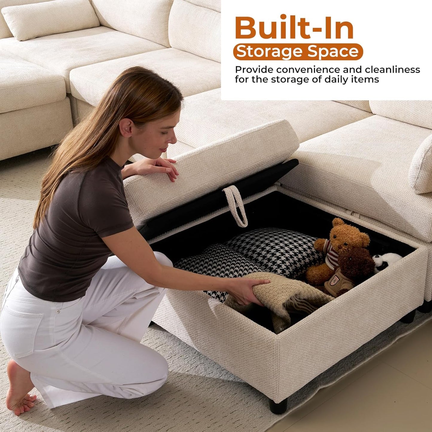 103'' Modular Sectional Sofa, L Shaped Comfy Cloud Couch with Storage,4-Seat Convertible Modern Deep Seat Sofa with Throw Pillows for Living Room,Beige