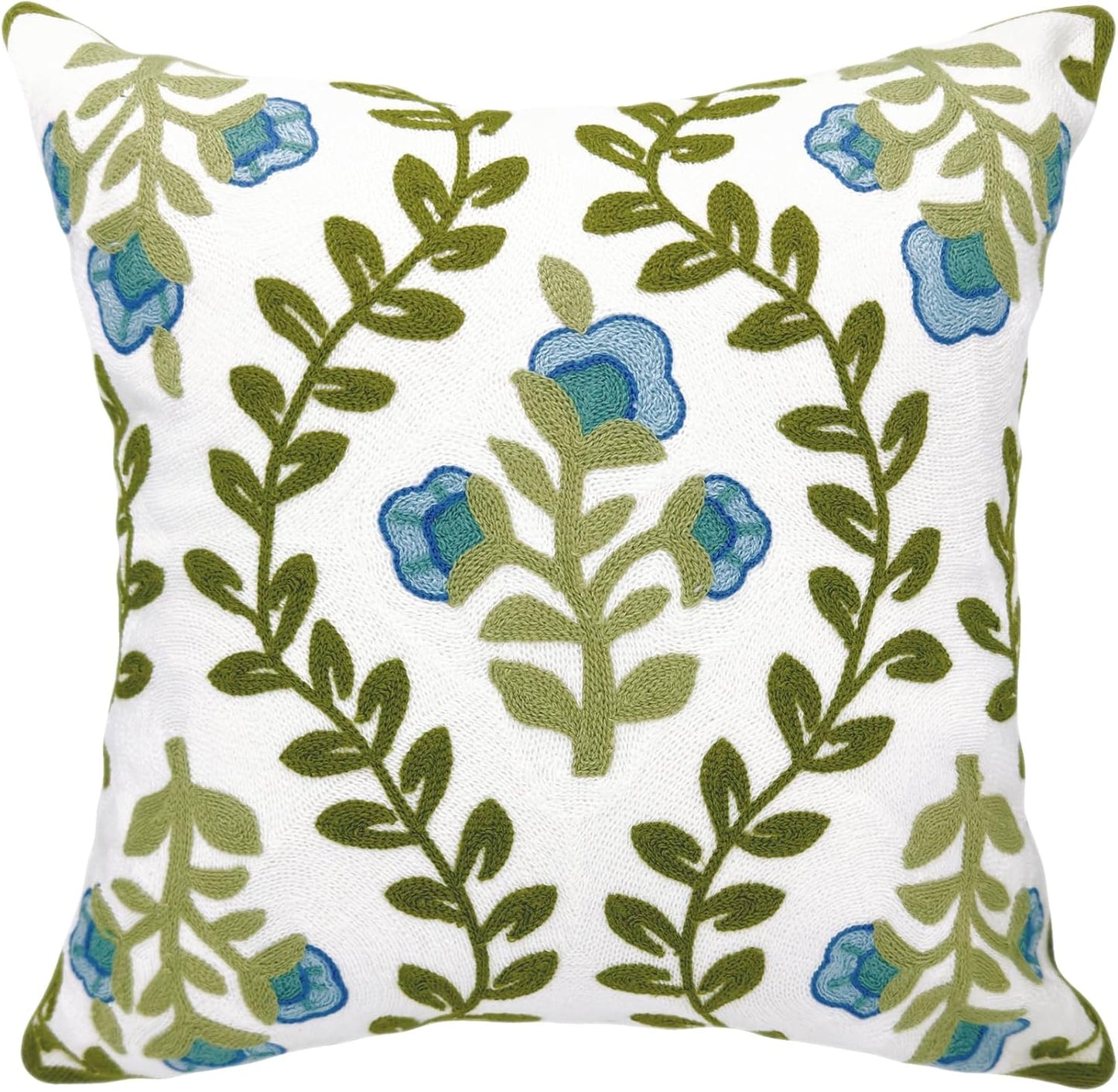 Alysheer Floral Embroidered Summer Decorative Throw Pillow Cover 18"x 18", Farmhouse Cottage Blue Flowers Green Leaves Knit Pattern Cotton Canvas Cushion Case for Sofa Couch Bed Living Room Decor