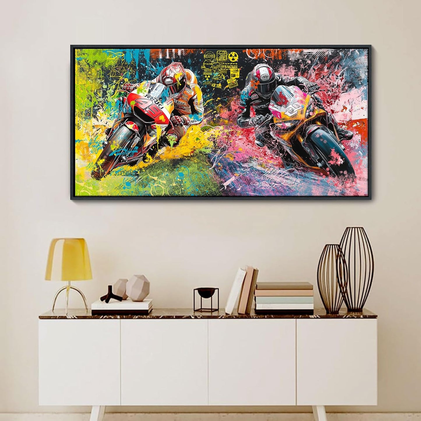 JEAWA Framed Canvas Wall Art - 24x48 In Large Abstract Painting Decor, Motorcycle Racing Color Graffiti Pictures, Modern Art Prints for Bedroom Living Room Bathroom Home Decoration