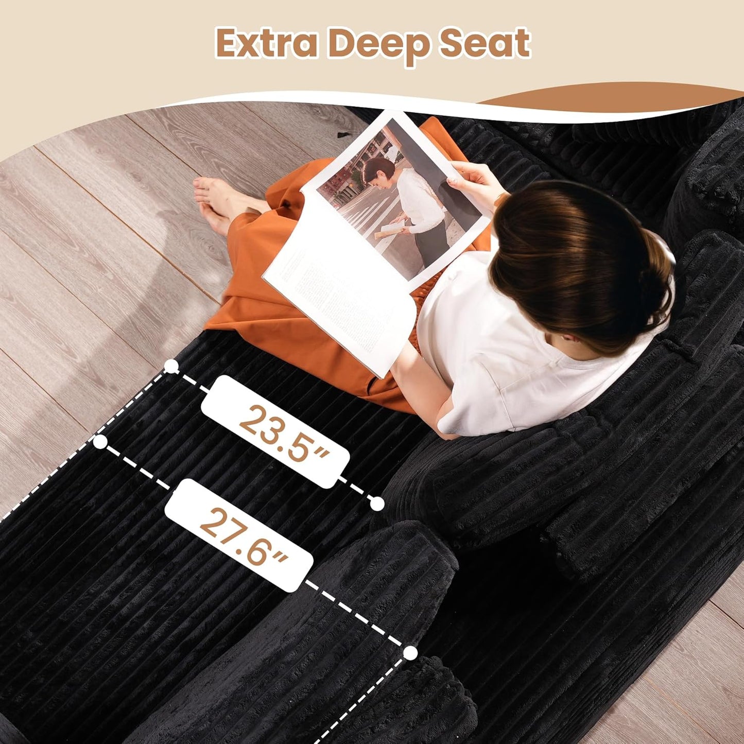 HOOOWOOO Cloud Sectional Couches for Living Room,Modular Sectional Sofa No Assembly,136X133 Inch Plush Corduroy Large G Shaped Floor Couch Set with Deep Seat Chaise Ottoman(Black)