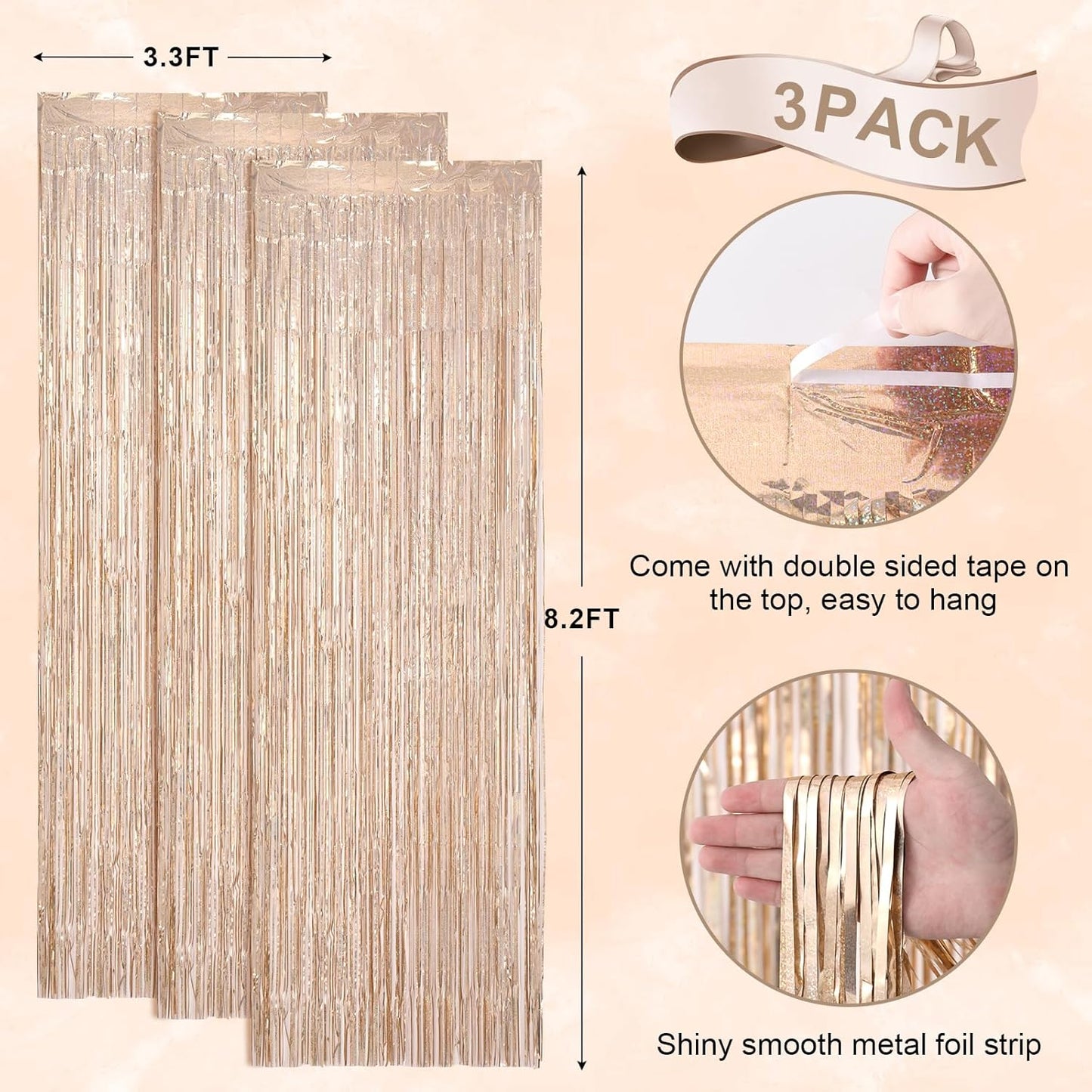 3 Pack 3.3 x 8.2 ft Laser Champagne Foil Fringe Backdrop Curtains, Tinsel Streamers Birthday Party Decorations, Fringe Backdrop for Graduation, Baby Shower, Gender Reveal, Disco Party