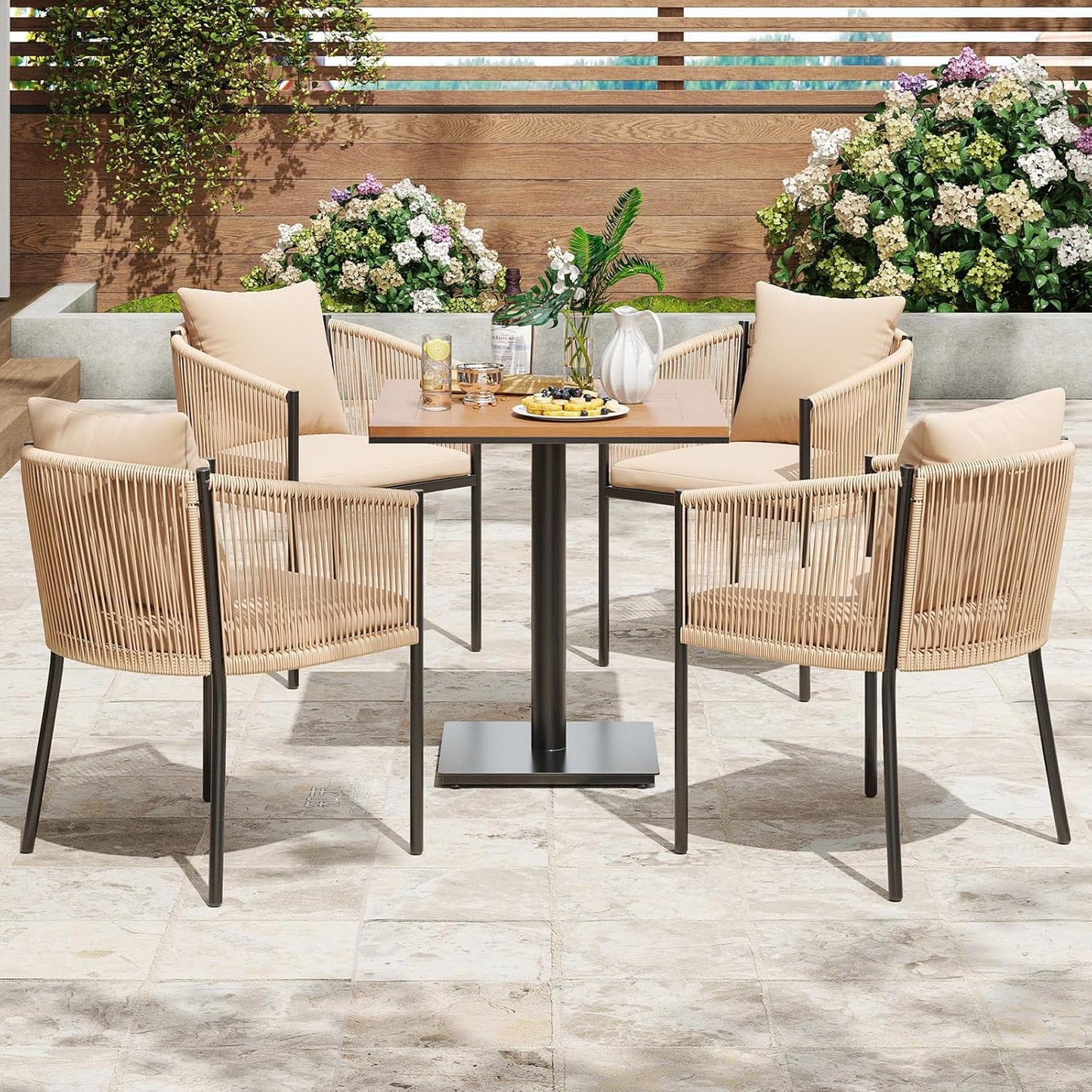 Soohow 5 Pieces Outdoor Dining Set for 4, Patio Table and Chairs Set 4 X Rattan Wicker Patio Chair with Cushions and 1 X Outdoor Table Plastic Wooden Top for Lawn, Deck Backyard, Poolside