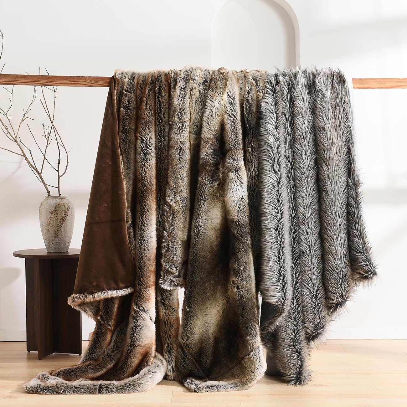 HORIMOTE HOME Luxury Plush Faux Fur Throw Blanket, Long Pile Grey with Black Tipped Blanket, Super Warm, Fuzzy, Elegant, Fluffy Decoration Blanket for Couch, Armchair, Sofa and Bed, 60''x 80''