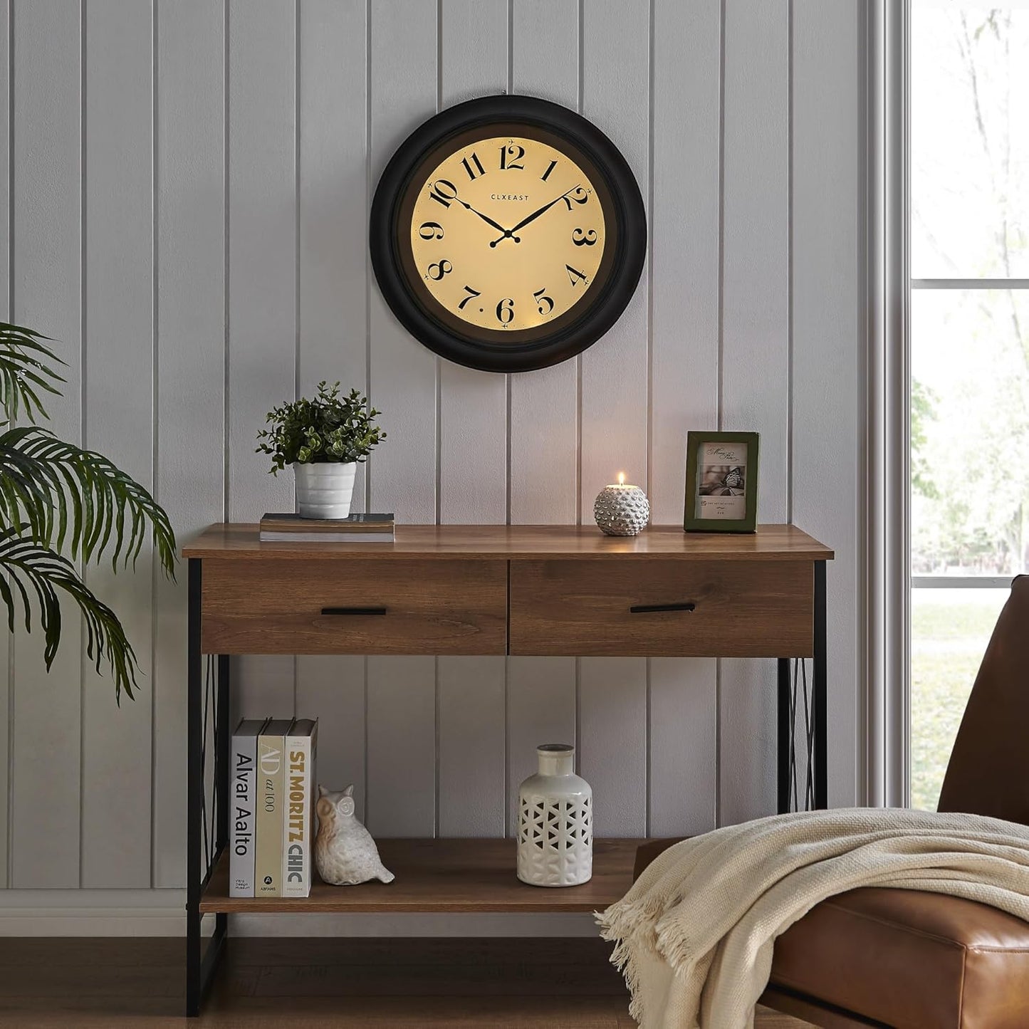 CLXEAST 18 Inch Large Illuminated Wall Clock with AI Smart Night Light Sensor,Modern Farmhouse Wall Clocks for Living Room,Bedroom,Bathroom, Kitchen, Home Office,Oil Rubbed Bronze Black