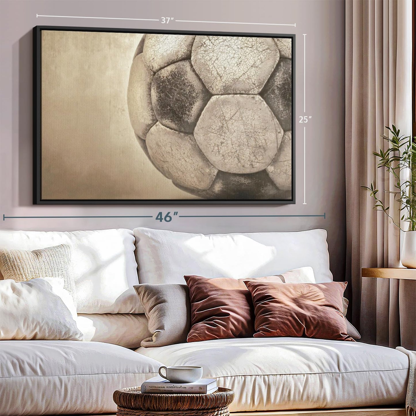 Elephant Stock Worn Soccer Ball Wall Art - Horizontal Framed Canvas - 1-Piece Living Room Wall Decor - Photography sports Canvas Print - Brown and Gray Decor for Wall - 37" X 25"