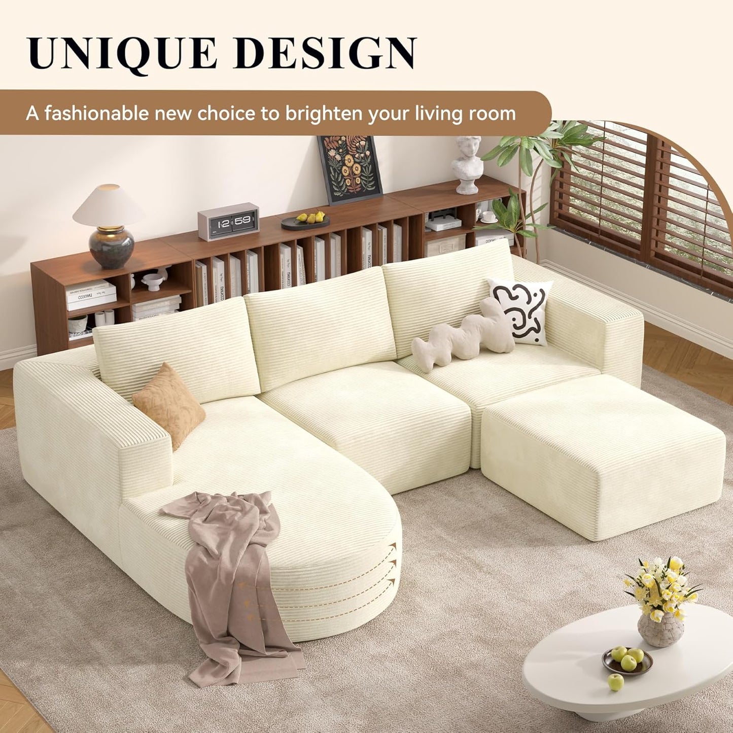 Modular Sectional Sofa with L-Shape Chaise,Cloud Sectional Modern Sleeper Couch with Deep Seat,Sponge Compression Sofas No Assembly Required (Beige-Corduroy Fabric) 1pcs