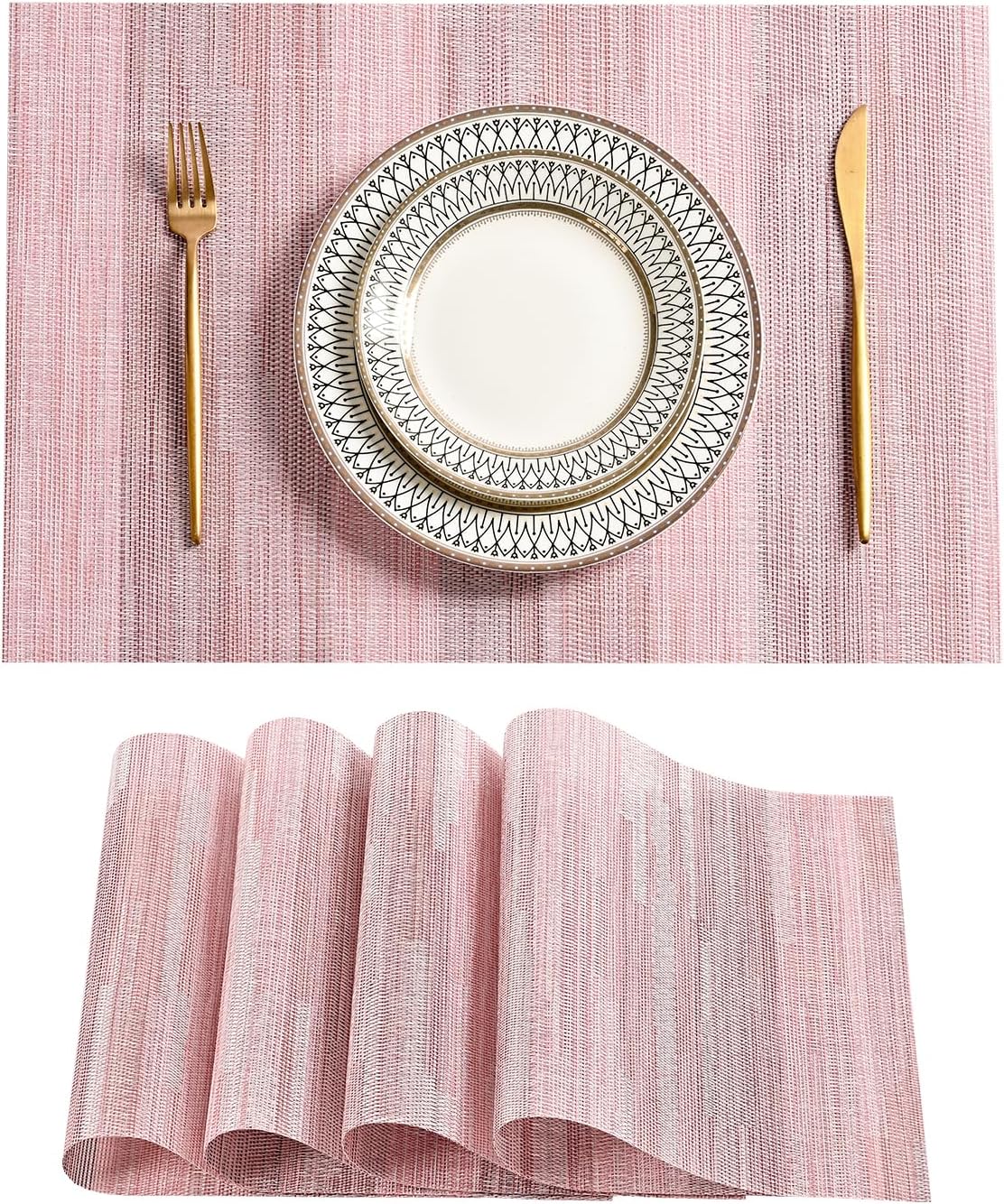 Leetaltree Misty Rose Placemats Set of 4 - Heat Resistant Non-Slip Place mats for Dining Table, Washable Durable PVC Vinyl Woven Table Mats（Misty Rose, 4）