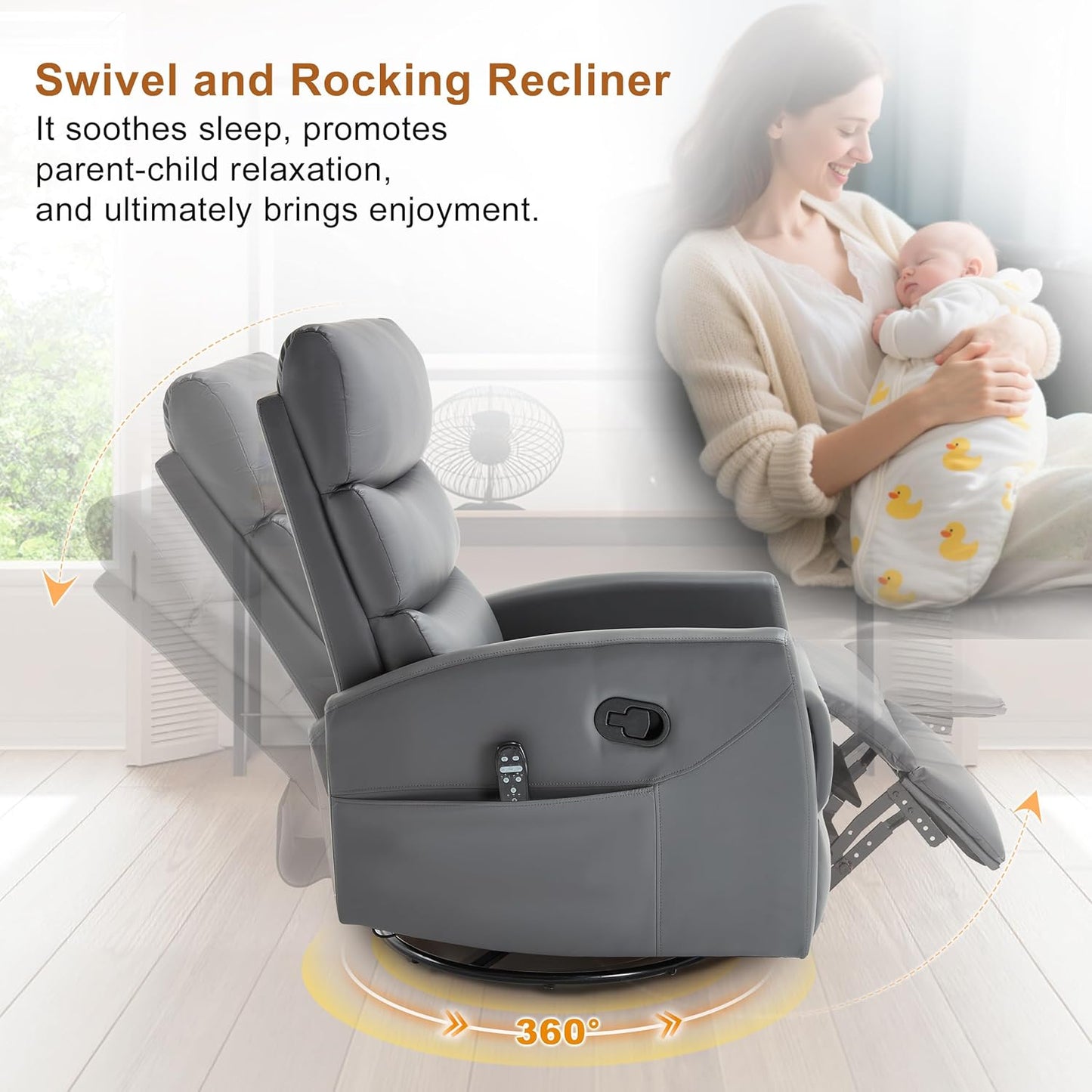 Manual Swivel Rocker Recliner Chair for Adults, Overstuffed Reclining Glider Chair for Nursing with Vibration Massage & Heat, Living Room Rocking Recliner 3-Stage backrest, Faux Leather Gray