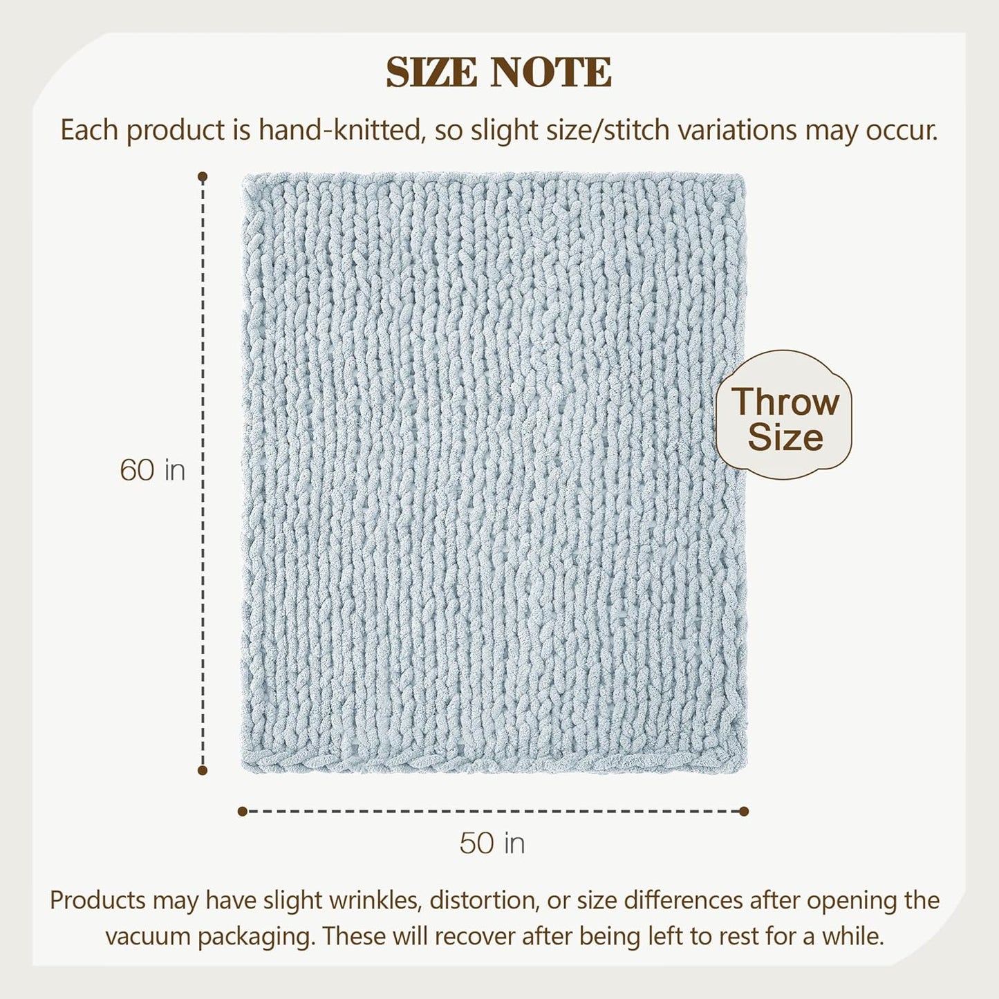 Carriediosa Chunky Knit Throw Blanket 50" X 60", 100% Hand Made Large Chenille Loop Yarn Soft Fluffy Throws for Couch Sofa Bed, Big Crochet Cozy Heavy Thick Cable Woven Blanket, Light Blue