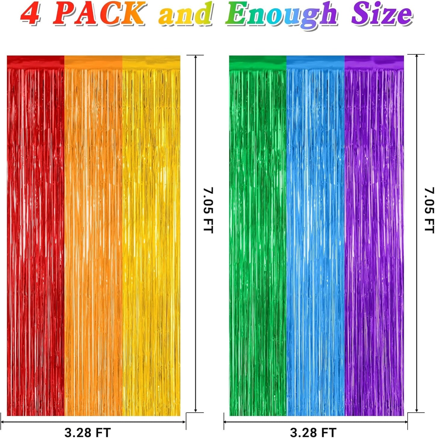 4 Pack Pride Decorations, 3.28 FT x 7.05 FT Rainbow Backdrop, Metallic LGBT Party Decor Foil Tinsel Party Streamer Backdrop Curtains, Rainbow Curtains Birthday Photo Booth Props