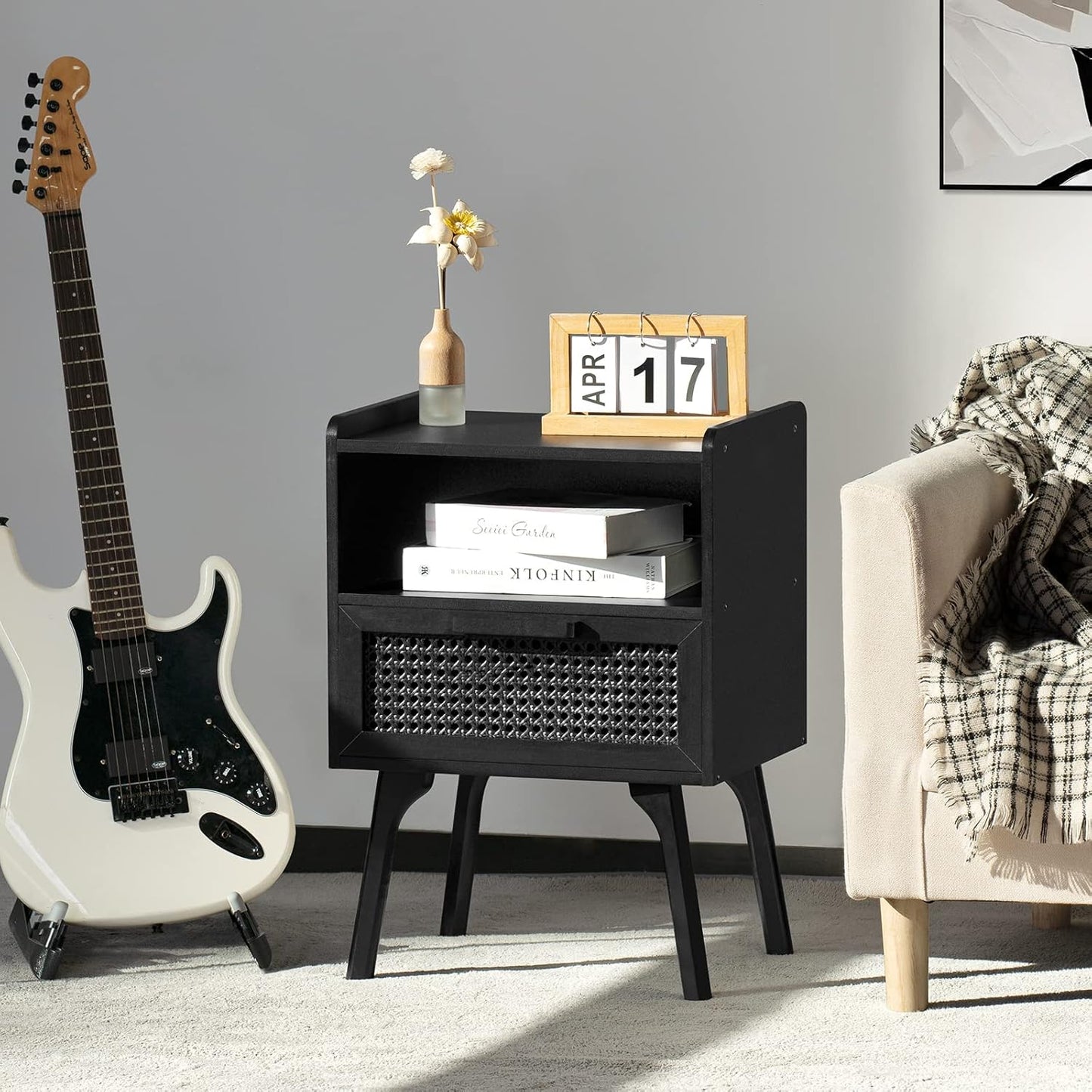 Lerliuo Rattan Nightstand, Side Table with Drawer Open Shelf, Cane Accent Bedside End Table with Solid Wood Legs, Mid Century Modern Night Stand for Bedroom, Dorm and Small Spaces (Black)