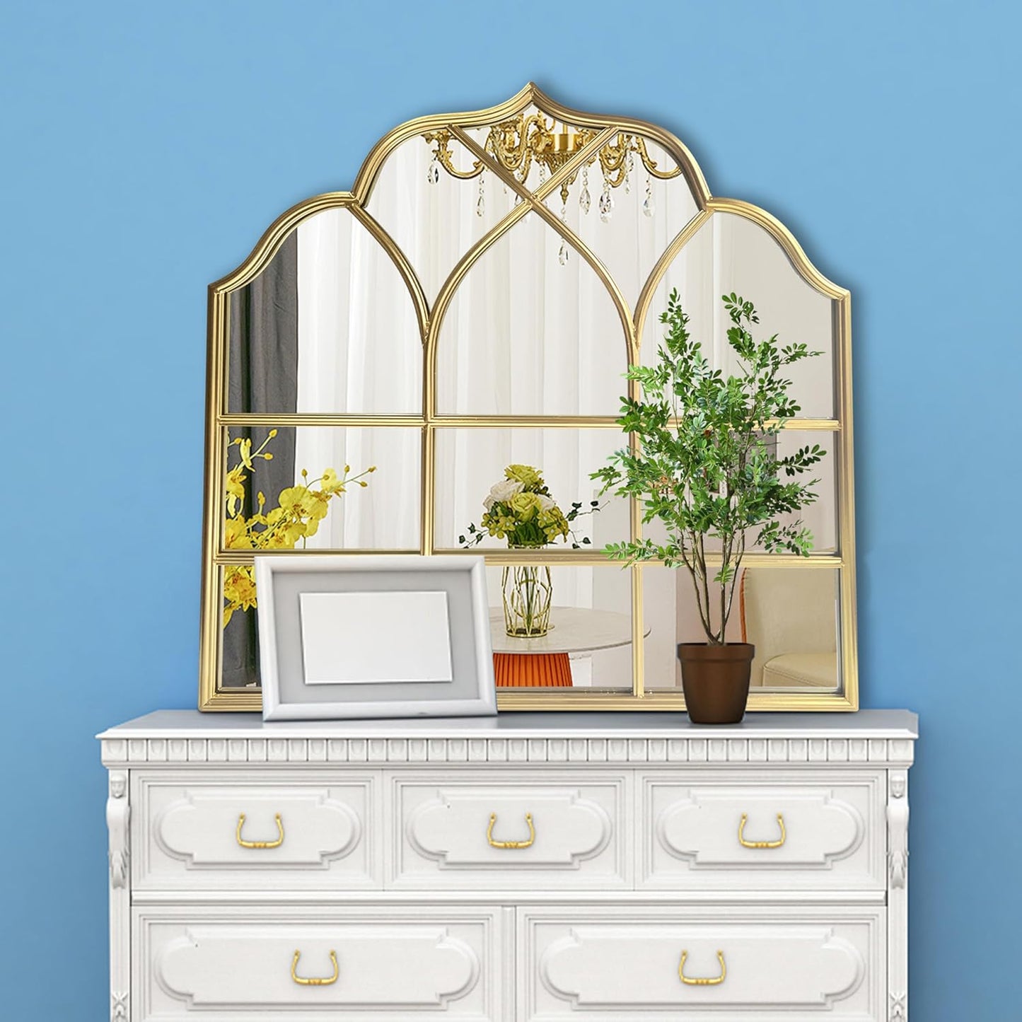 Window Mirror Pane Scalloped, Wide Arched Gold Mirrors Decorative, Cathedral Arch Wall Decor with Metal Windowpane Grid for Mantle Entryway Fireplace Hallway Living Room