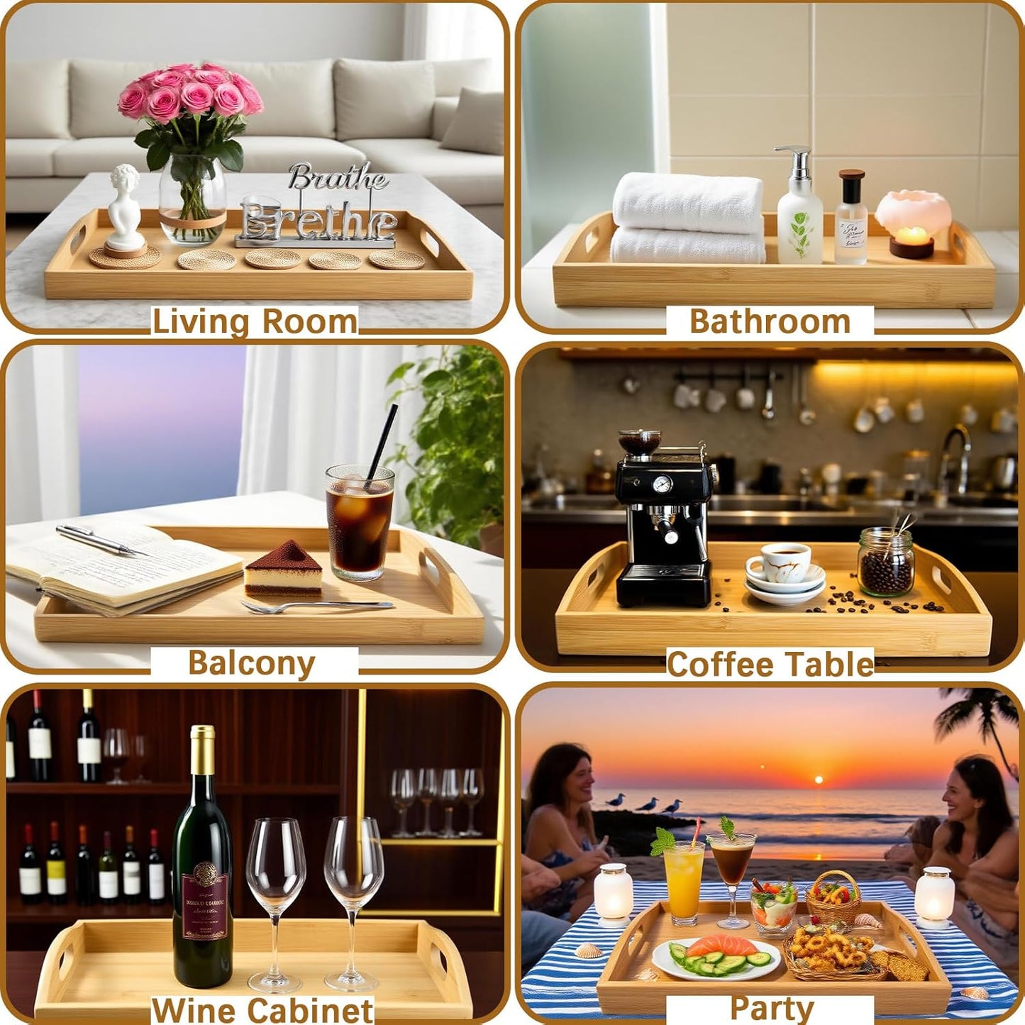 GOLD HONEY Bamboo Serving Tray with Handles Set of 2 - Decorative Wooden Tray for Living Room, Bathroom, Suitable for Used in Bedroom, Kitchen, Coffee Table, Working and Storing - 17x13in, 16x12in