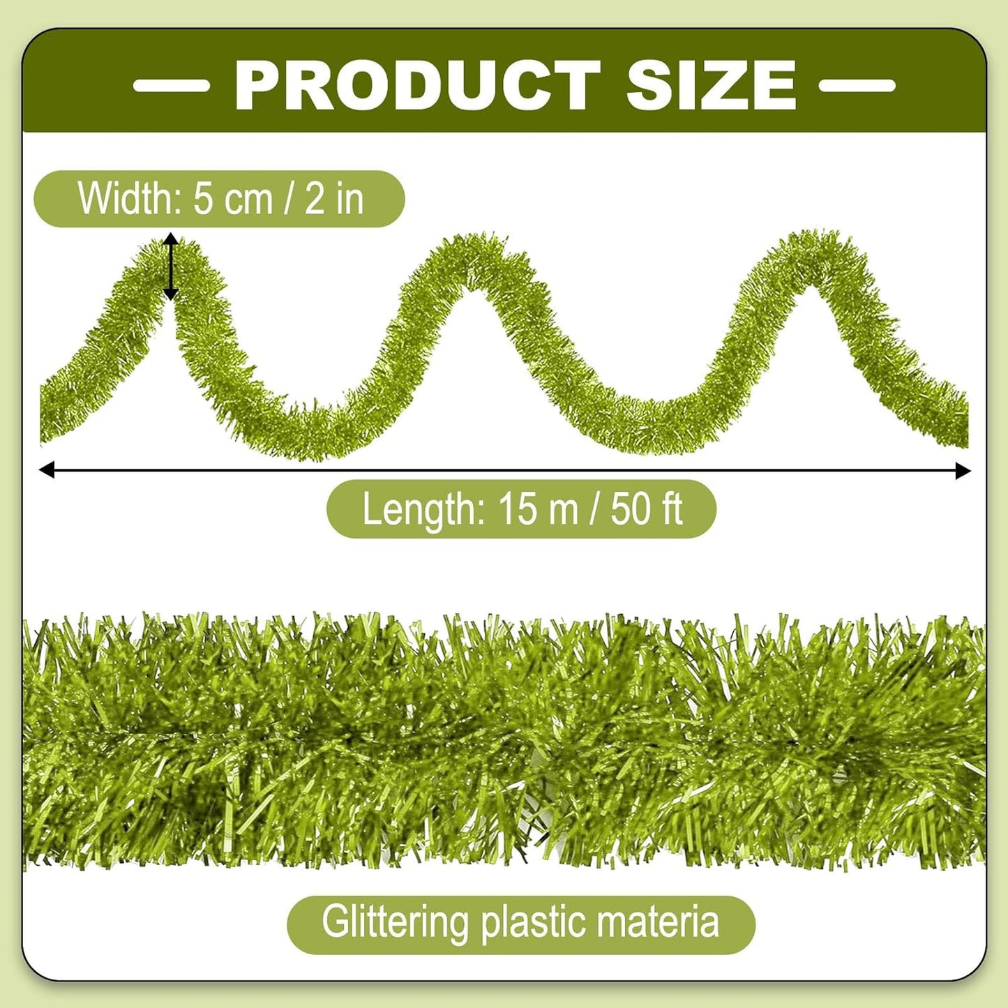 50 Feet Metallic Twist Tinsel Garland - Wall Hanging Backdrop for Parade Floats, Christmas Eve, New Year, Valentine's Day Parties (Light Green, 2in x 50ft)