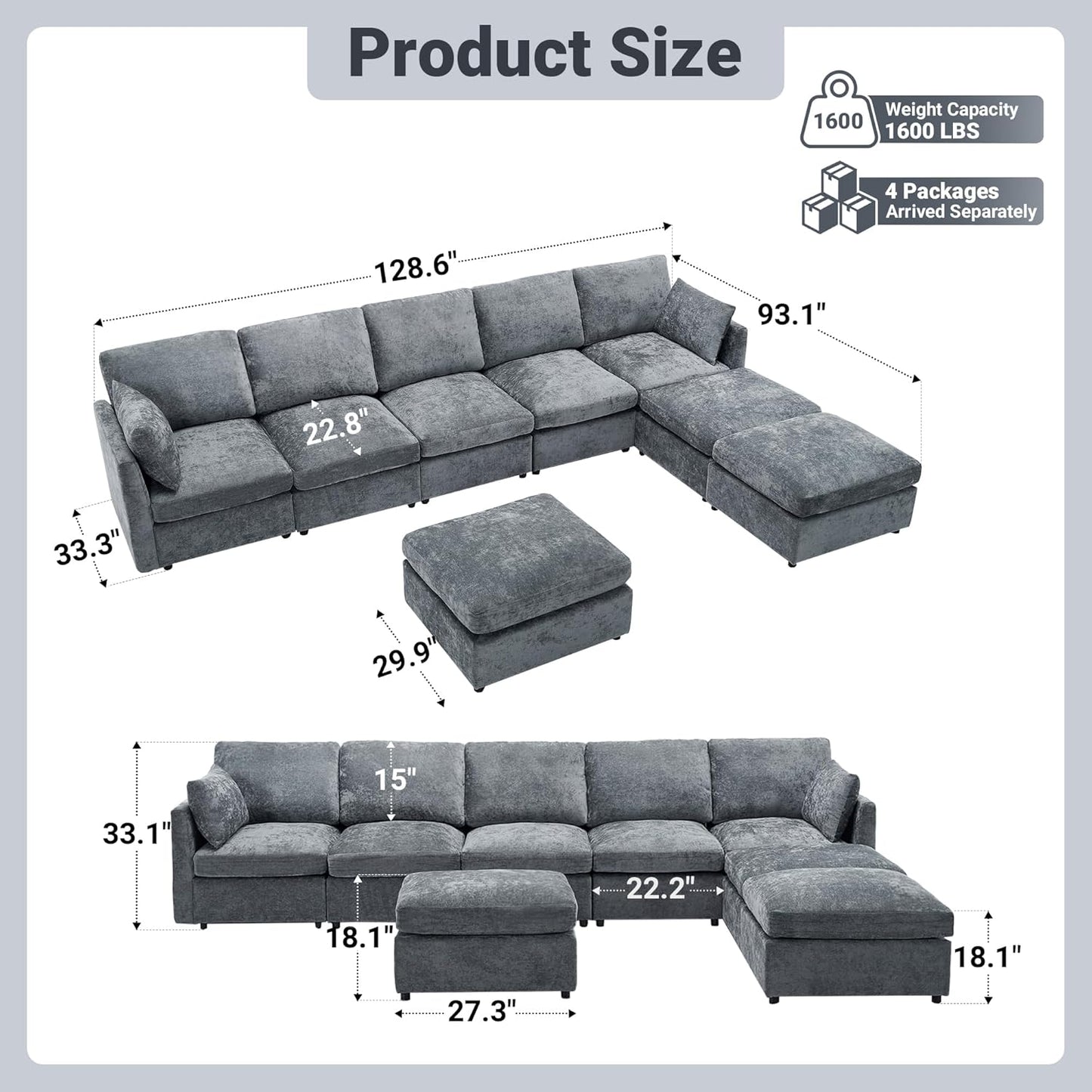 Tbfit L Shaped Couch 8 Seat, Sectional Sofa for Living Room,Chenille Cloud Couch with Ottoman, Grey