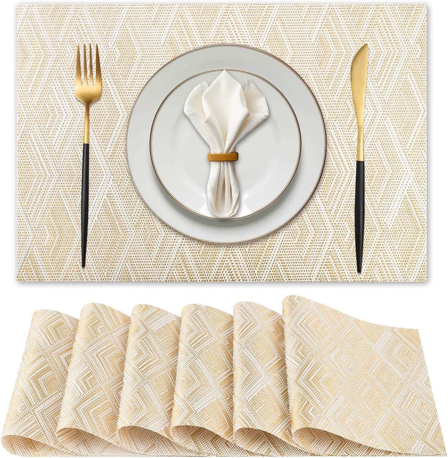Vinyl Plastic Placemats Set of 6 Washable Heat Resistant Non-Slip Elegant Indoor Outdoor Kitchen Dining PVC Woven Table Place Mats (Gold Yellow Rhombus)