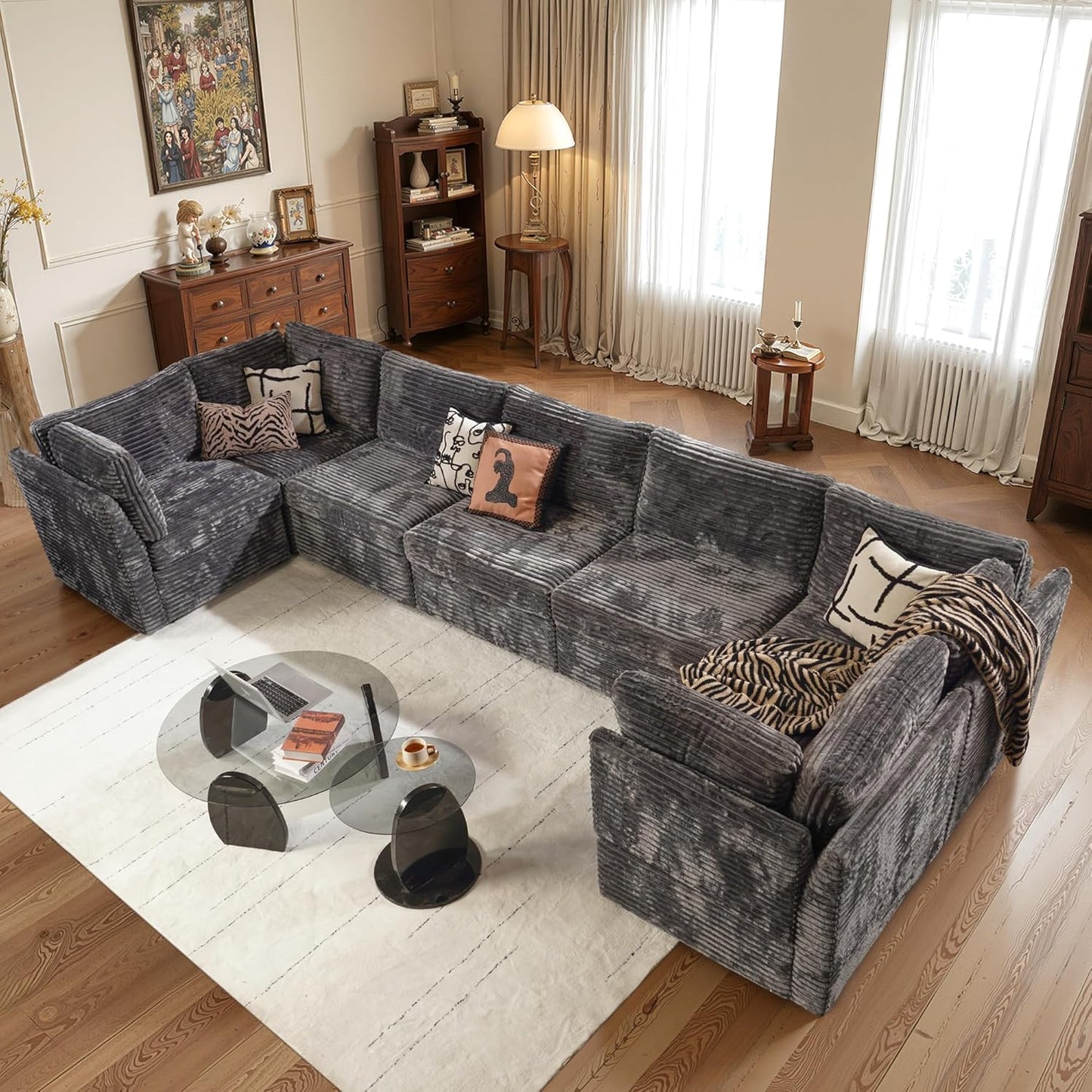 ovios Sectional Sofa Couch with U-Shape Chaise Oversized, Comfy Modular Cloud Couches with Deep Seat, Modern Upholstered Plush Corduroy Sofas Set for Living Room, 7-Seater, Grey