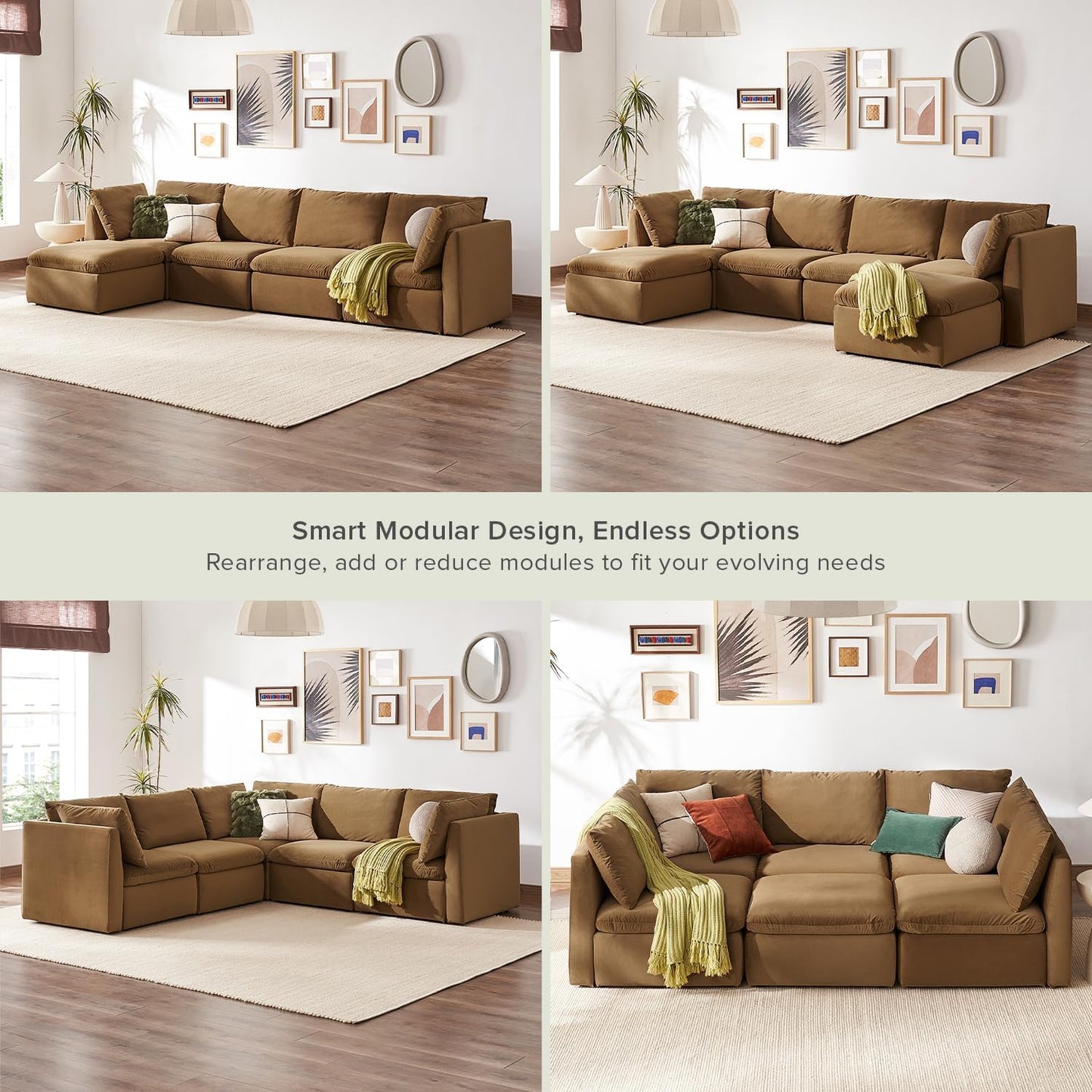 mopio Oversized Modular Sectional Sofa with Fully Removable Covers and Storage, Convertible U, L-Shaped and Sleeper Sectional, Modern Couches with Ottoman Chaise (Hazelnut Velvet, 5 Seats, L)