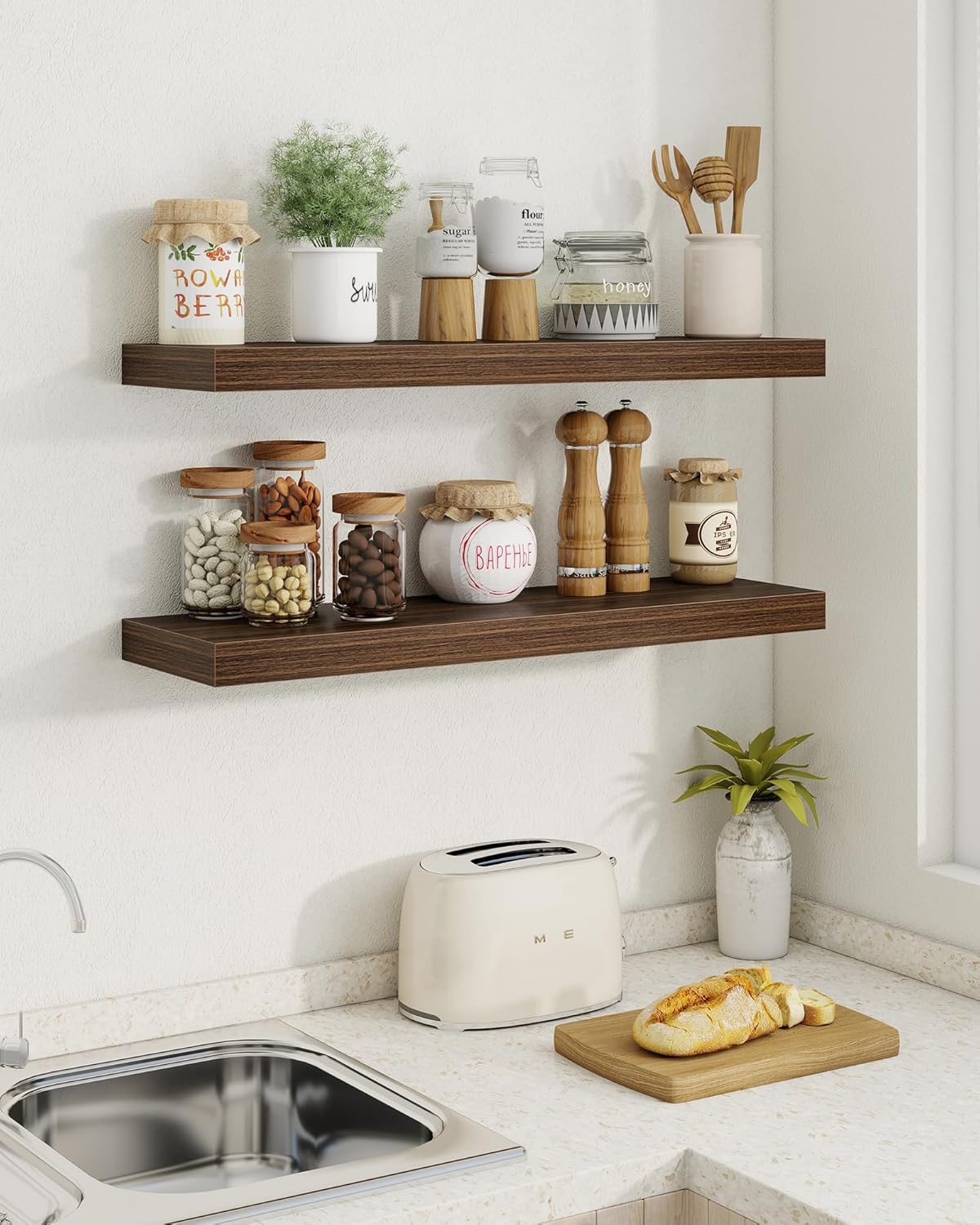 Marsmiles 72" Floating Shelves for Wall, Wooden Shelves with Invisible Brackets Set of 2, Rustic Farmhouse Wall Mounted Shelf for Kitchen Bathroom Living Room Study, Walnut