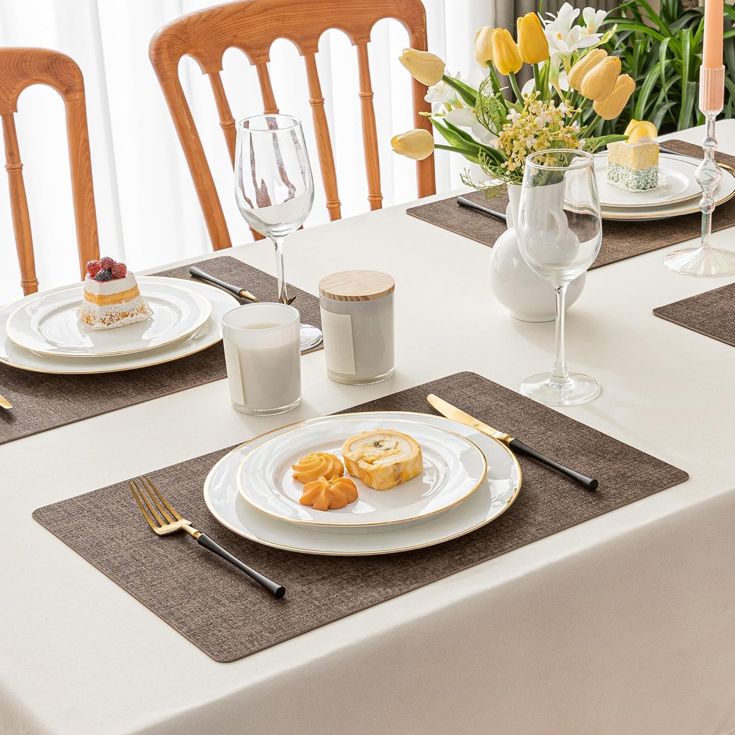 Romanstile Vinyl Placemats Set of 6-12 X 18 Inch - Heat Resistant Place Mats 100% Waterproof Oilproof Wipeable Reversible Faux Leather Table Mats for Kitchen/Dining/Party/Outdoor, Brown