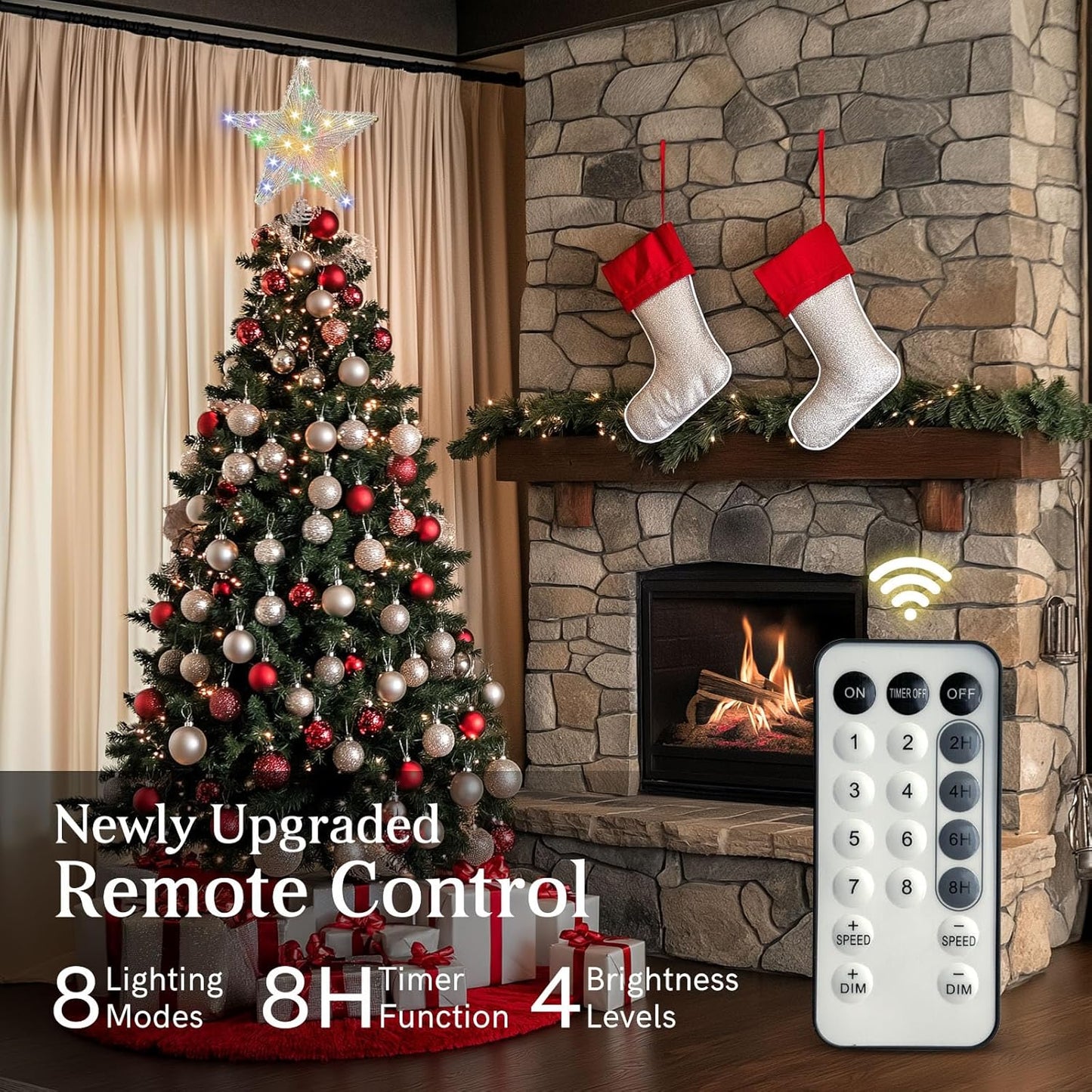 Christmas Tree Topper Star Silver with 50 Colouful LED Lights 8 Lighting Modes Timer, Tradition Tree Topper Star for Home Holiday Xmas Tree Christmas Decor, Colorful Light