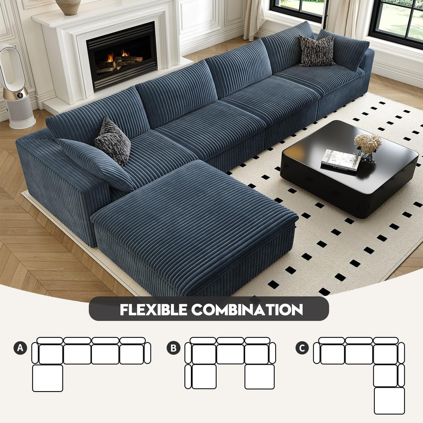 157.5" Cloud Couch Modular Sectional Sofa for Living Room,Modern Sofa with Deep Seat，L-Shape Boneless Couch with Ottoman,Comfy Upholstered Corduroy Couches for Apartment, Studio, Office,Bedroom，Blue