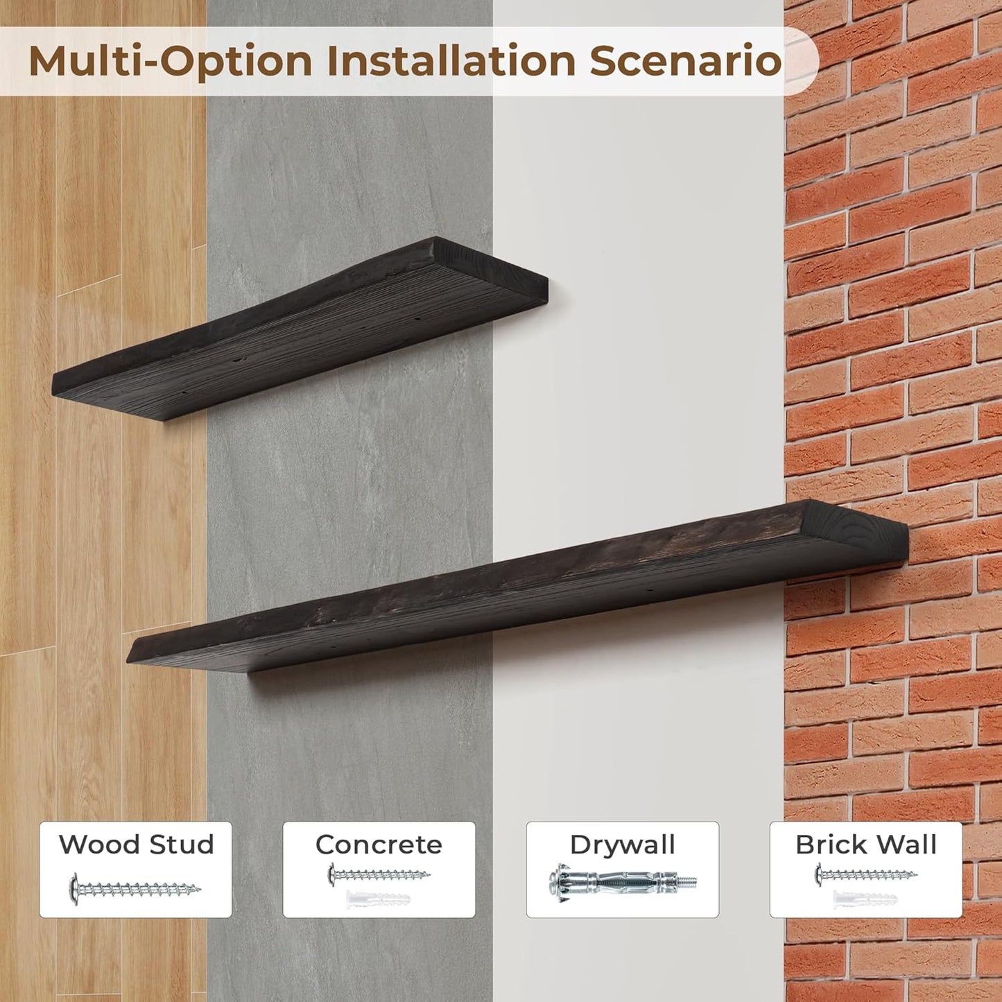 Axeman 48 inch Floating Shelves for Wall - 8'' D Live Edge Rustic Solid Elm Wood Floating Shelves Wall Mounted, Hanging Shelves with Invisible Bracket for Living Room Bedroom Kitchen, Walnut