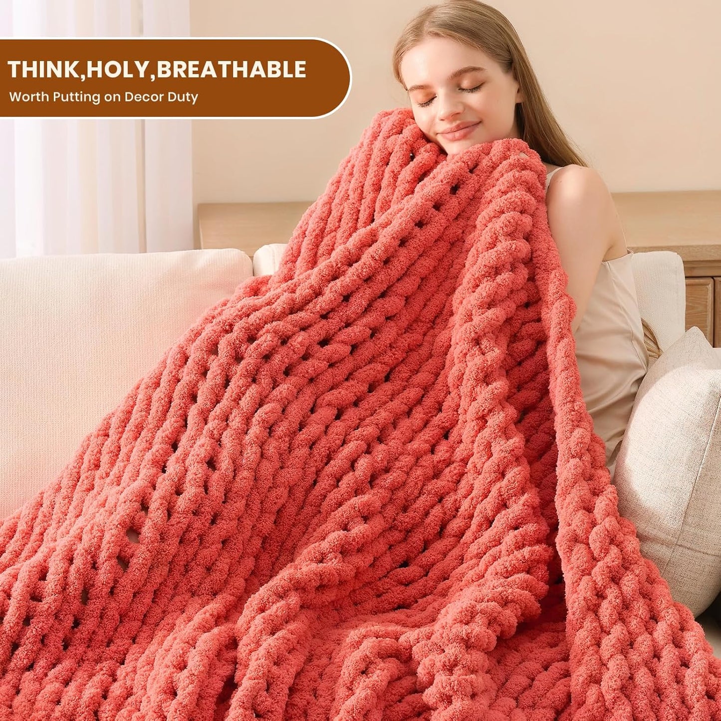L'AGRATY Chunky Knit Blanket Throw: 50''x60'' Chenille Chunky Knitted Throw Blankets for Bed Couch - Handmade Thick Cable Knit Blanket - Large Crochet Rope Blankets for Home Decor(Coral Pink)