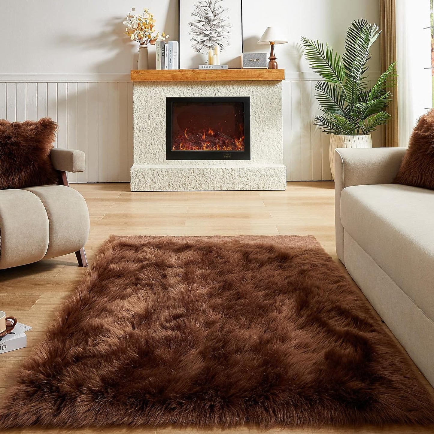 AMTOVO Faux Fur Sheepskin Rug for Living Room, 4 x 6 ft Coffee Fluffy Area Rug for Bedroom, Playroom, Luxury Room Decor, Rectangle