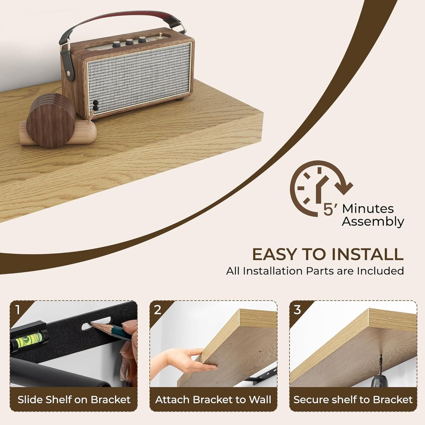 RICHFOCUS 55Inch Floating Shelves for Wall 2 Pack Shelves for Bedroom|Kitchen|Bathroom Wall Mounted Rustic Wood Floating Shelf with Invisible Brackets for Books|Storage|Decor, Oak