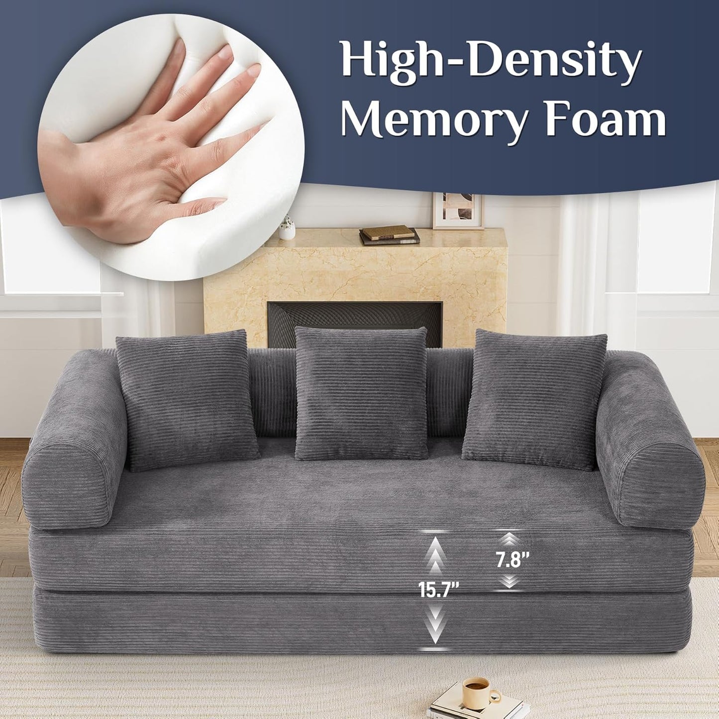 Convertible Sleeper Sofa Bed with Pillow, 4-in-1 Corduroy Folding Mattress Couch with Fixed-Shape Frame, Futon Fold Out Floor Sofa Cama Lounge Couch for Living Room Bedroom Studio, Grey